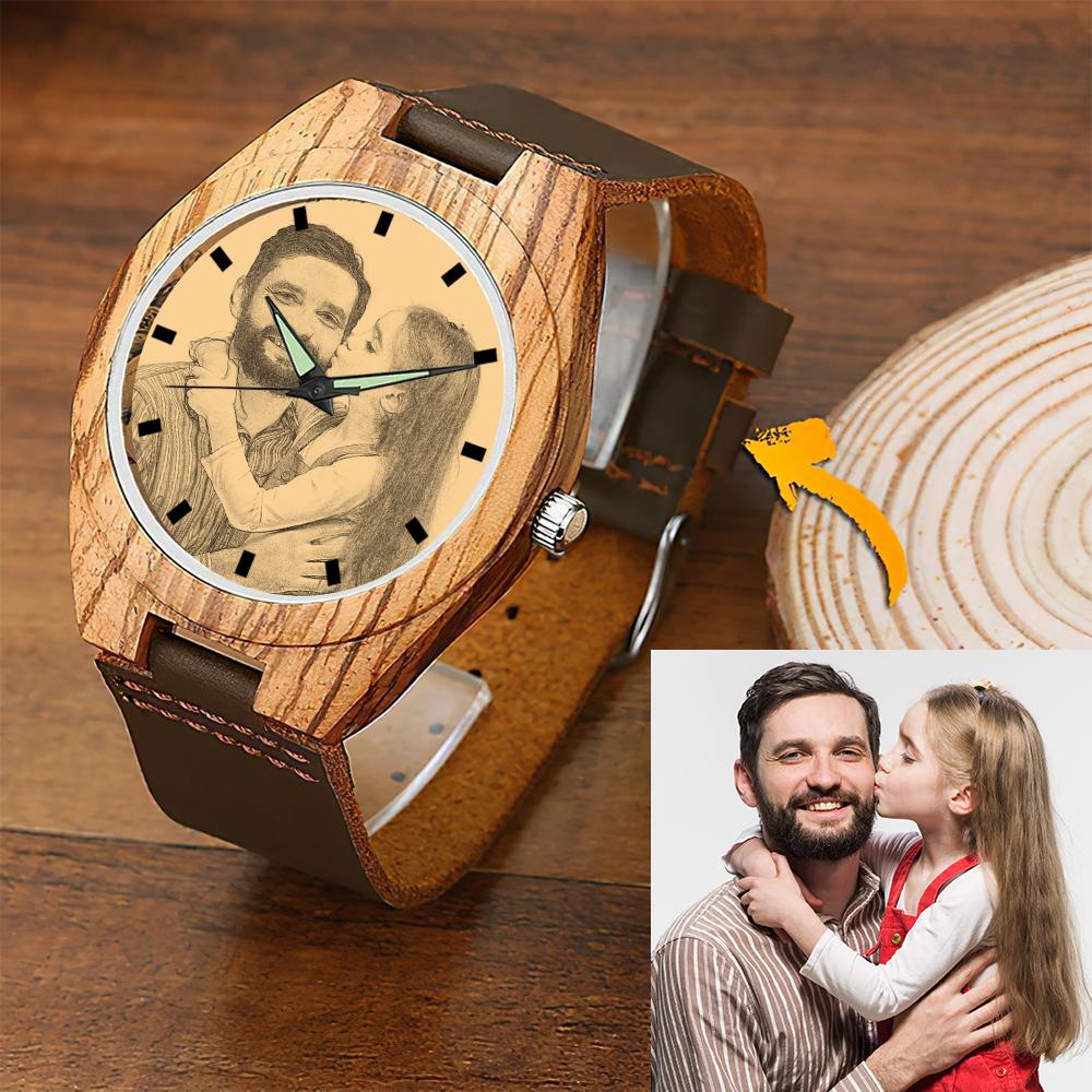 Men's Engraved Wooden Photo Watch Brown Leather Strap 45mm - 