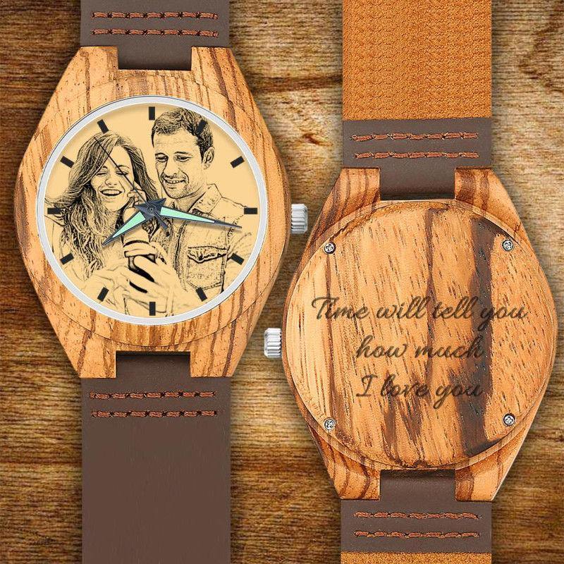 Men's Engraved Wooden Photo Watch Brown Leather Strap 45mm - 