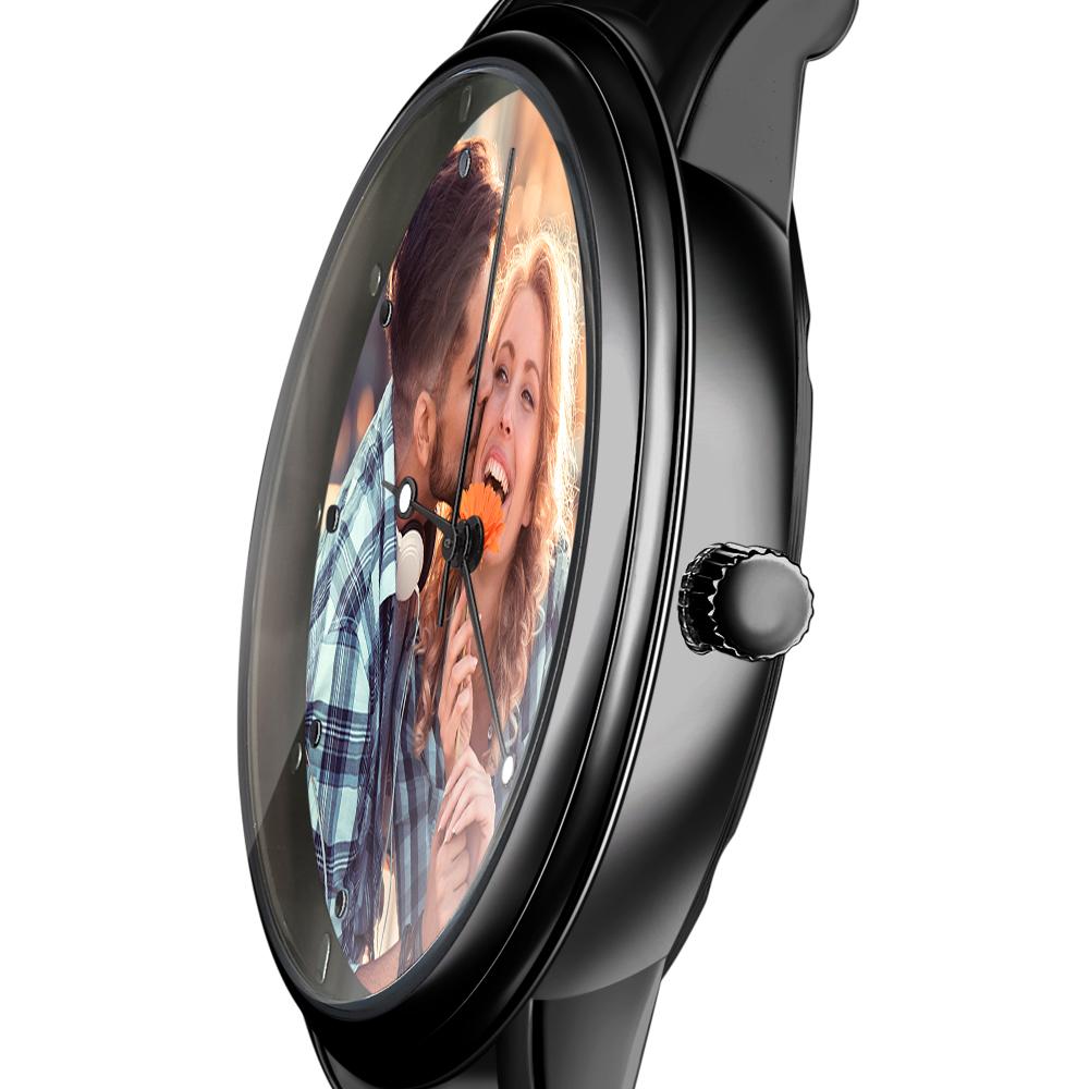 Men's Engraved Photo Watch Calendar Black Alloy Bracelet - 