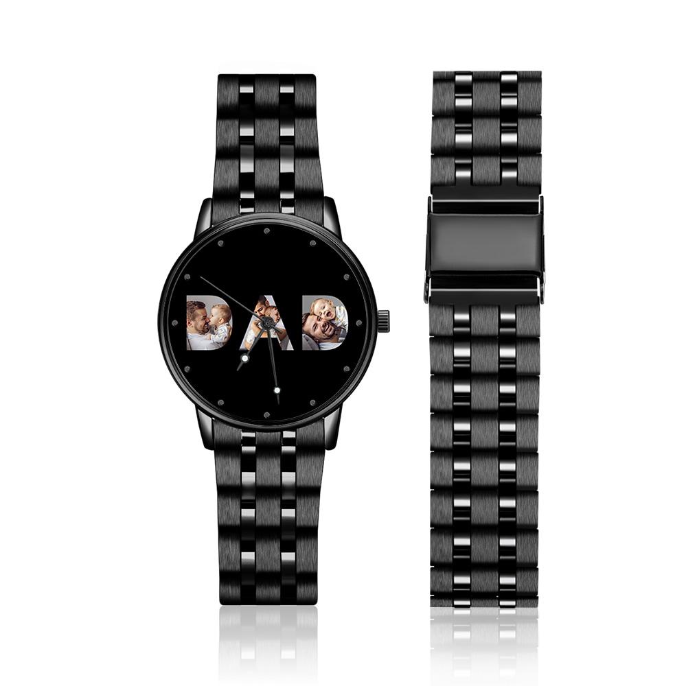 Custom Photo Watch Men's Black Alloy Watch Bracelet for Dad Father's Day Gift - 