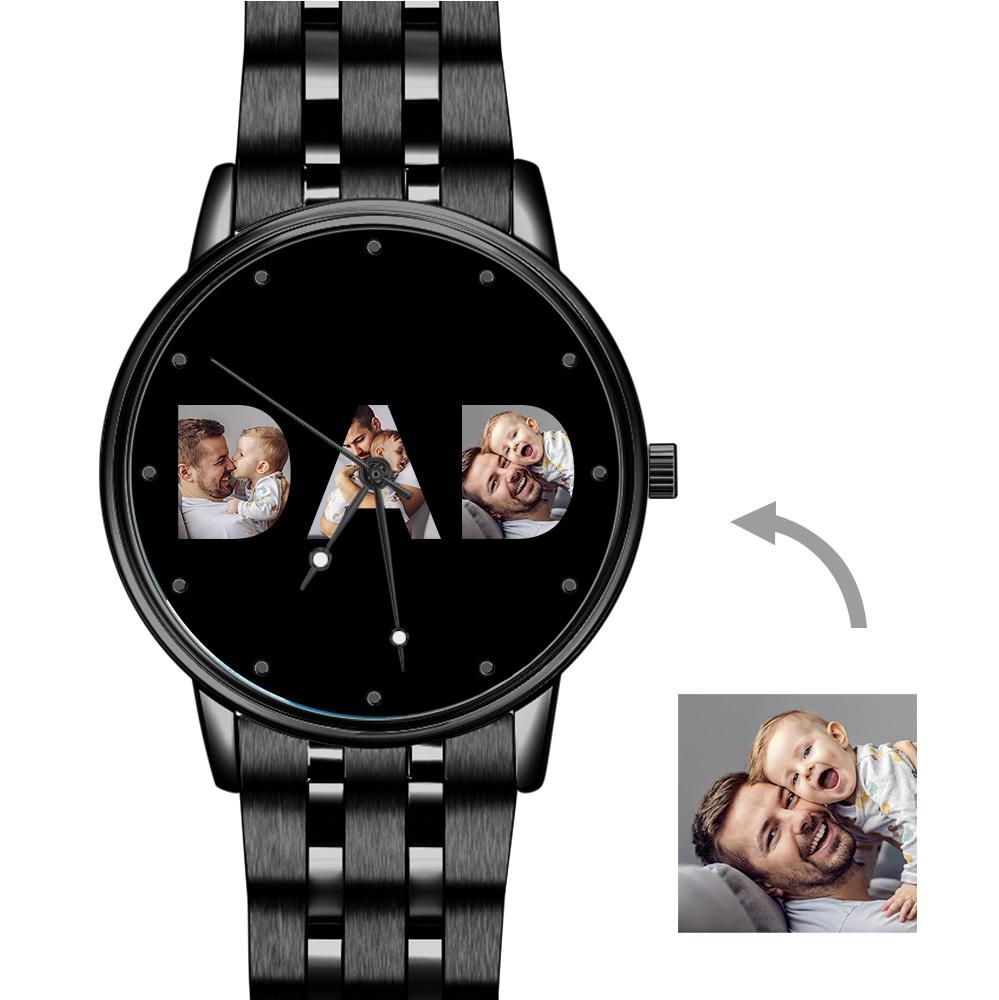 Custom Photo Watch Men's Black Alloy Watch Bracelet for Dad Father's Day Gift - 