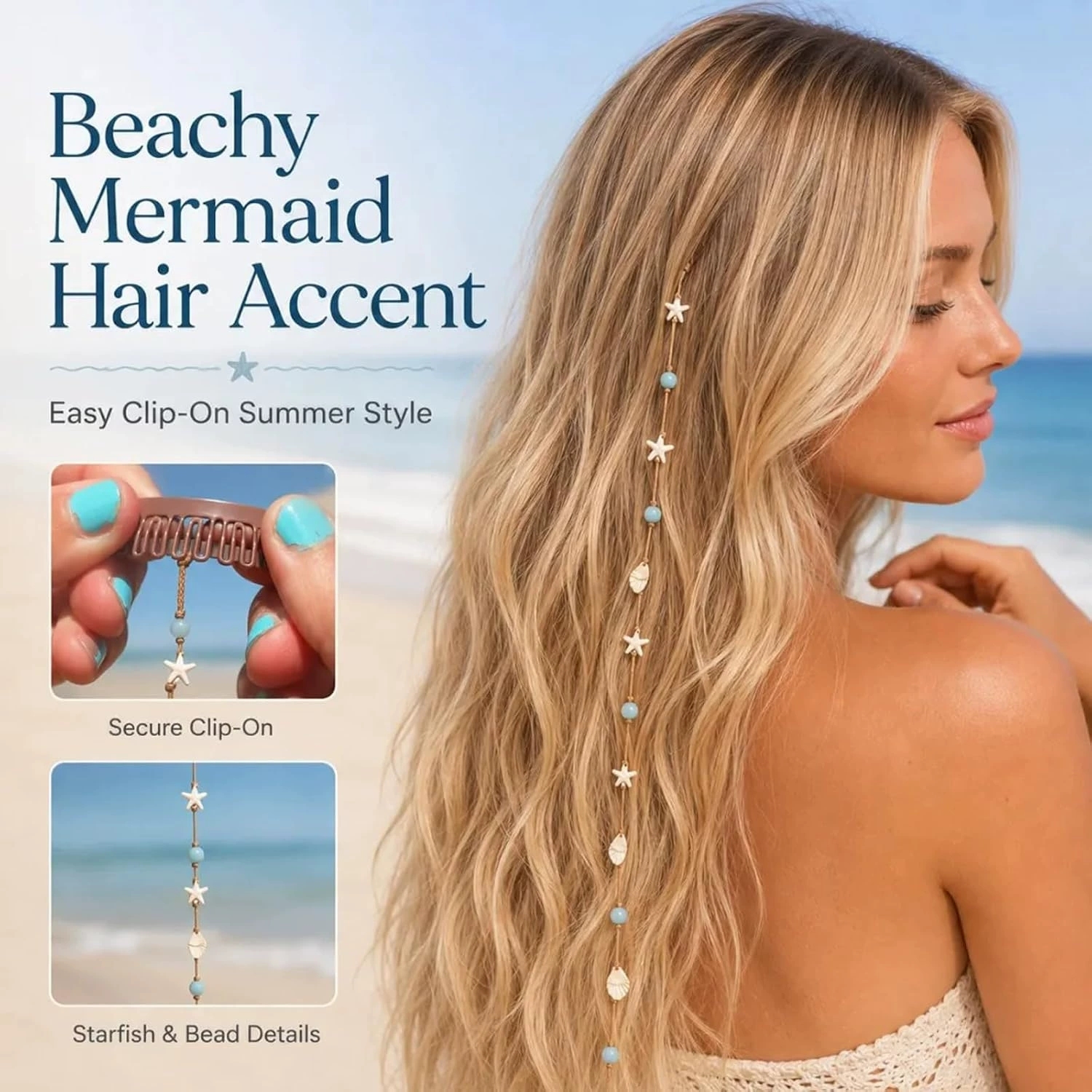 Beachy Mermaid Hair Accent Clip with Starfish, Shell and Blue Beads, Hidden Boho Hair Accessory for Women and Girls, Summer Vacation Party Headpiece - 