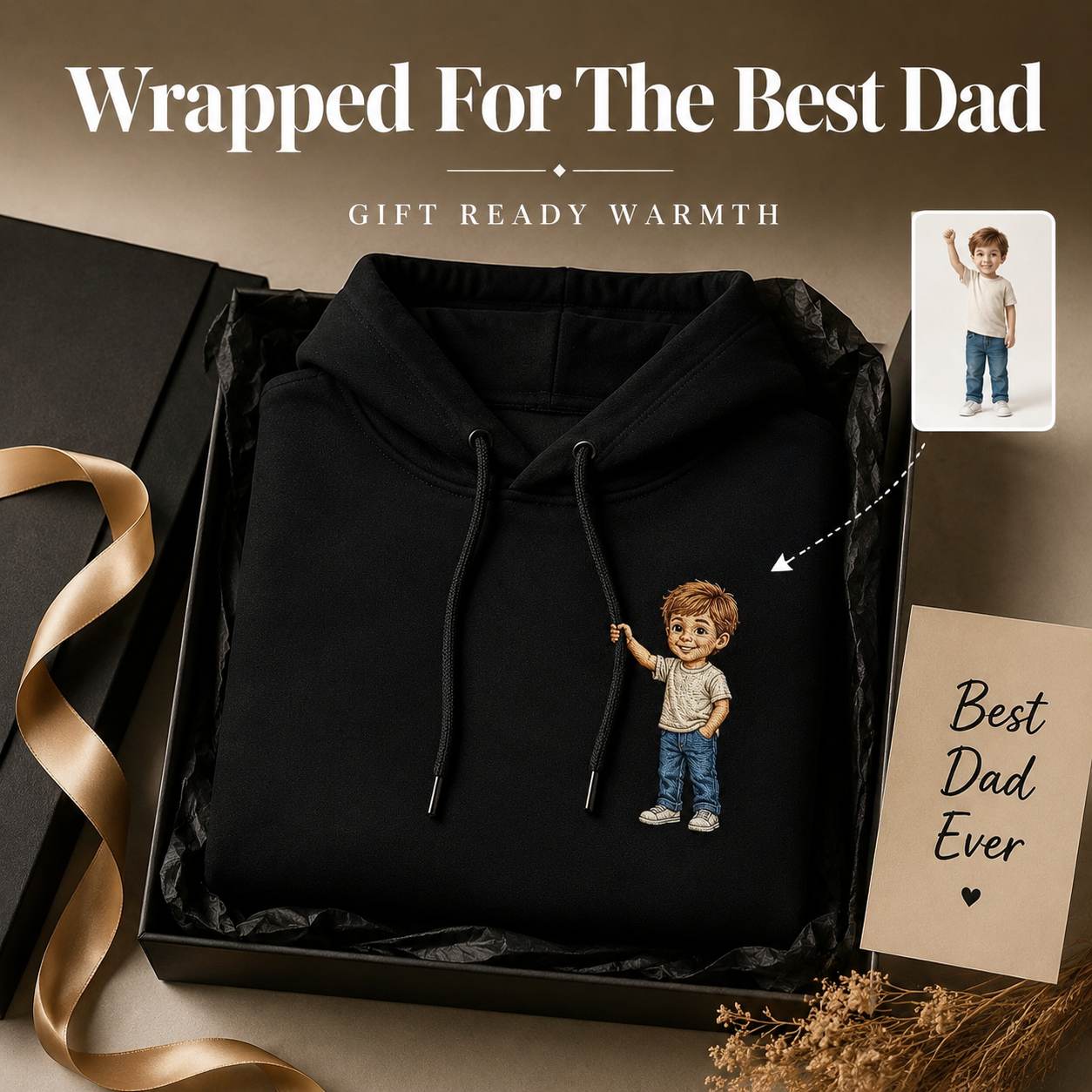 Custom Father’s Day Embroidered Hoodie – Personalized Kids’ Portrait Pullover Hoodie, Unique Dad Gift with Custom Child Holding Drawstring Design - 