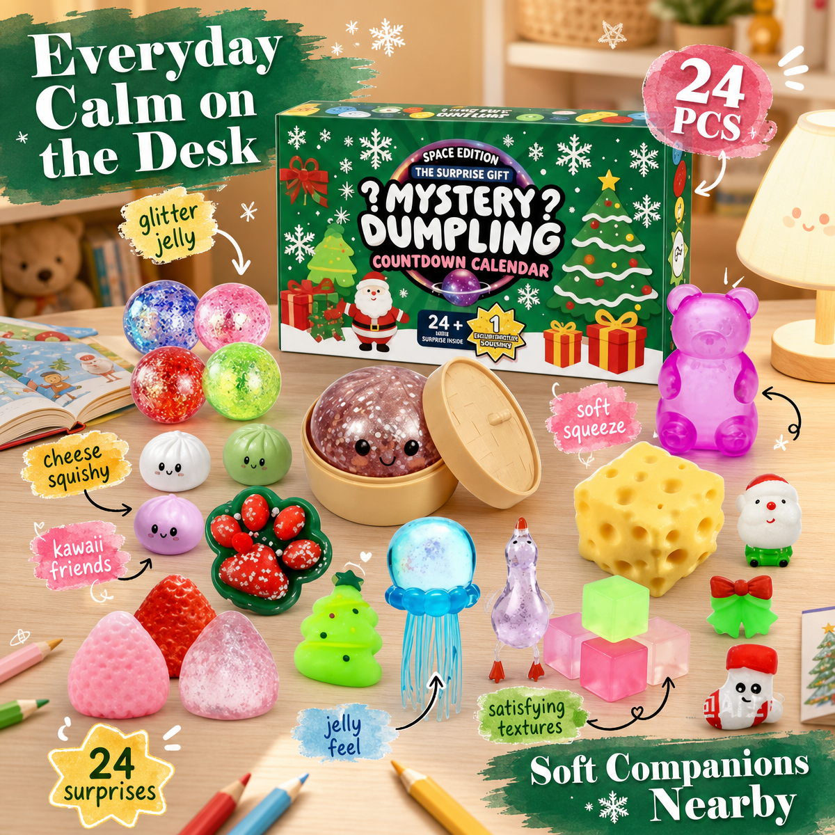 Dumpling Squishy Advent Calendar 24 Pieces Soft Anti-Stress Squishy Balls - Colourful Surprise Figures for Relaxing and Playing - Sensory Stress Relief Toy - 