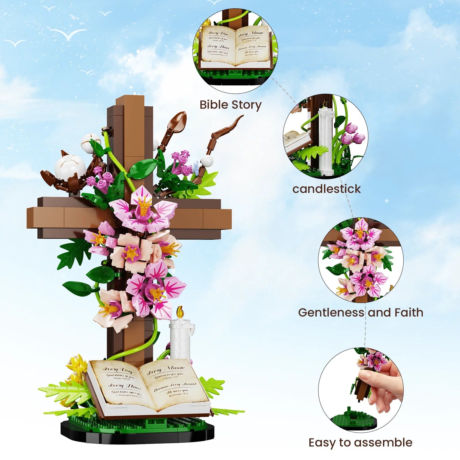 Cross Flower Bouquet Bricks Model Sacred Bible Tulip Flowers Plant Building Blocks Assembly Toys Kids DIY Gifts