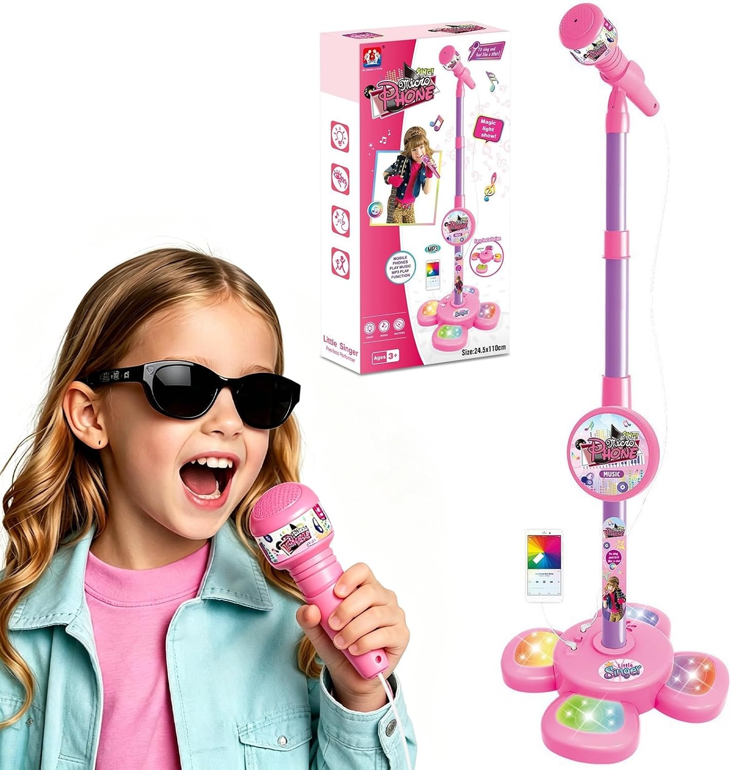 Karaoke Machine for Kids Singing Microphone for Kids Adjustable Stand Stage Lights & Pedals - 
