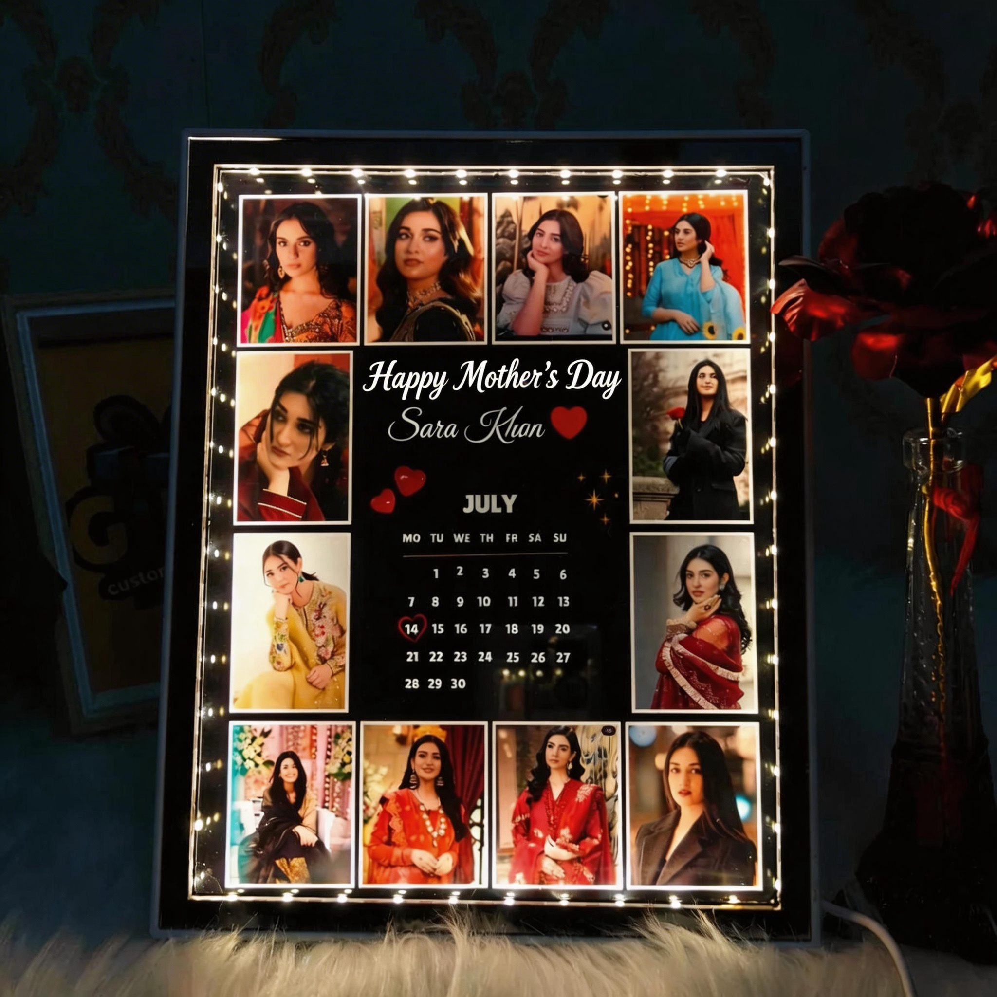 Custom Photo Magic Mirror Frame Personalized LED Photo Frame with Calendar – Custom Mother's Day Light-Up Memory Display Gift