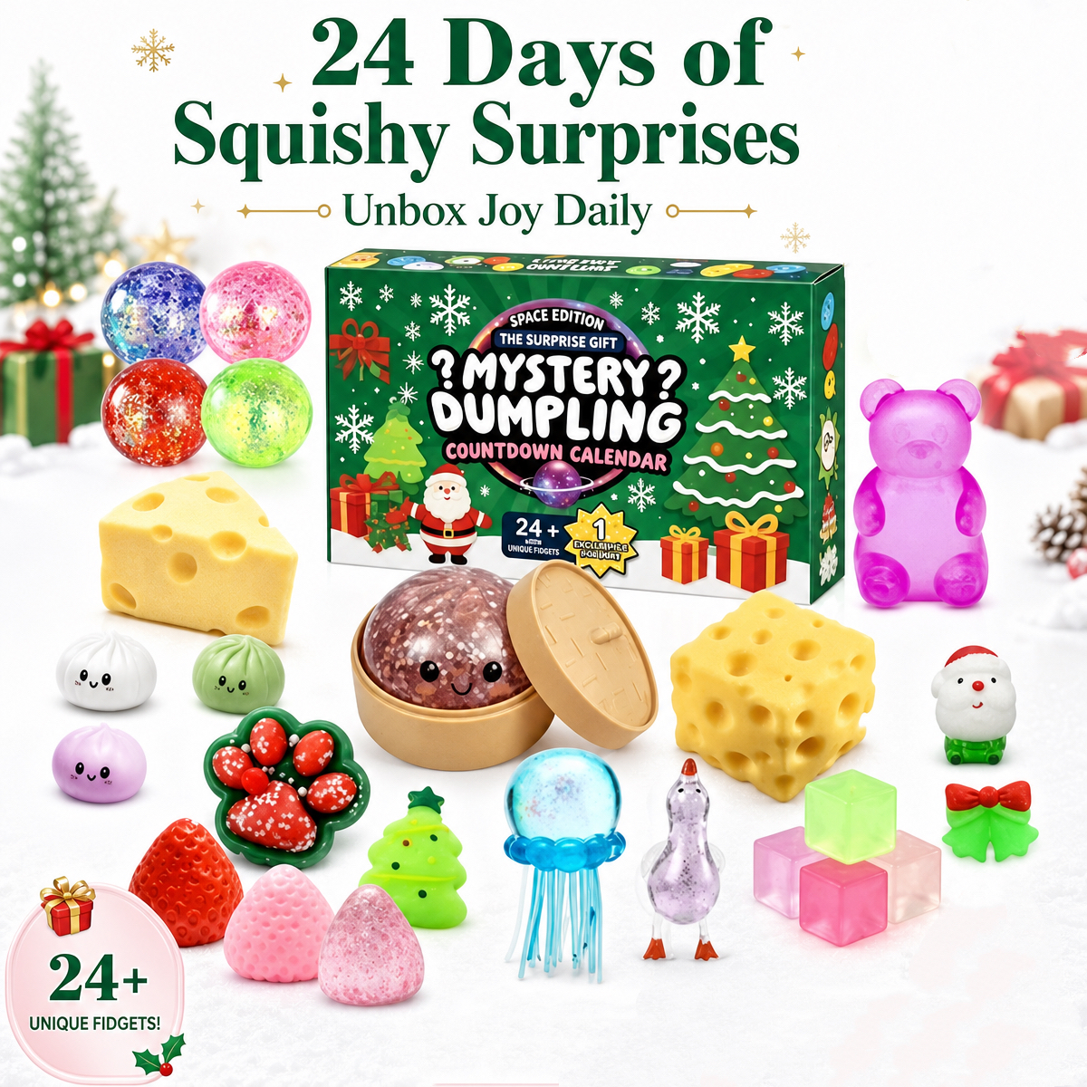Dumpling Squishy Advent Calendar 24 Pieces Soft Anti-Stress Squishy Balls - Colourful Surprise Figures for Relaxing and Playing - Sensory Stress Relief Toy - 