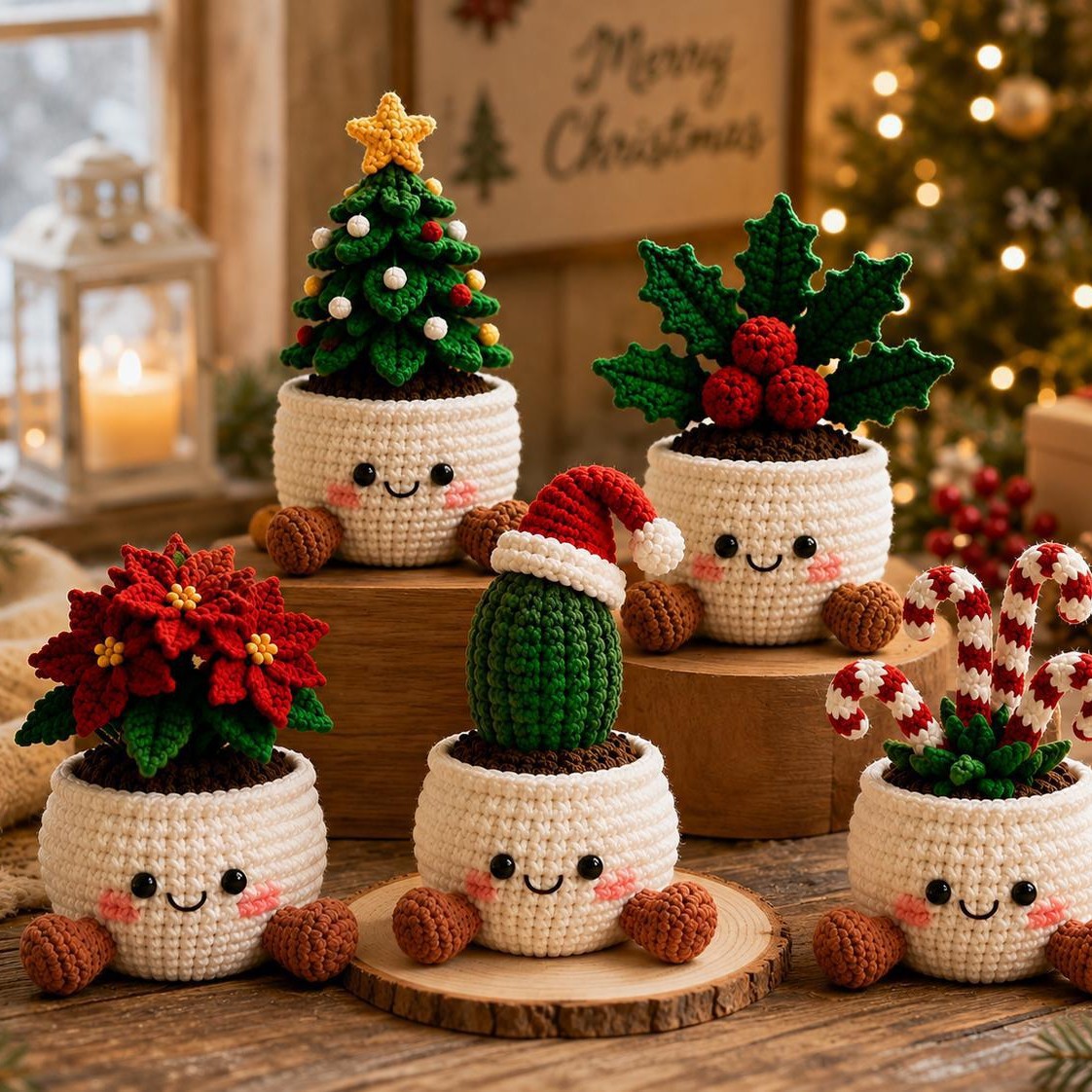Handmade Crochet Christmas Plant Pots – Festive Holiday Decor Gift for Home & Office - 