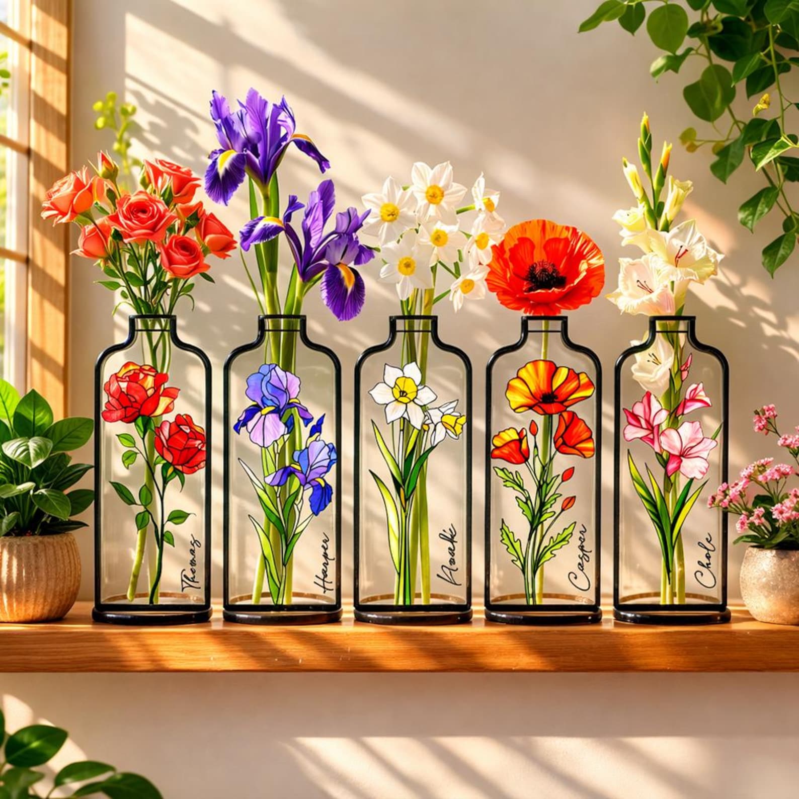 Personalized Stained Glass Birth Flower Vase Custom Floral Gift Mother's Day Gift Birth Flower For Mom