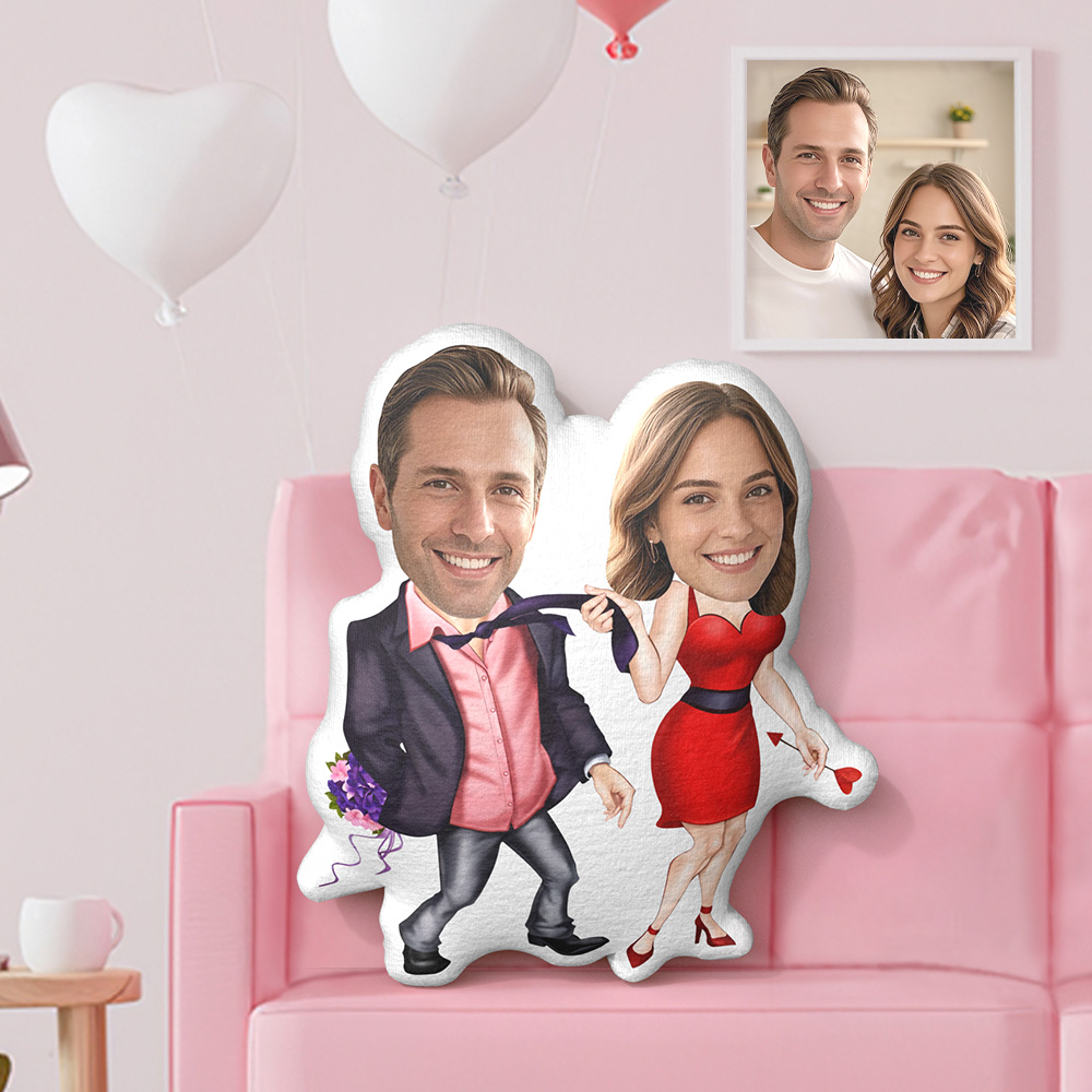 Custom Minime Pillow Couple Cushion Dolls Personalized Red Skirt Tie Photo Face Pillow Valentine's Day Gift - MiniMePillowAU