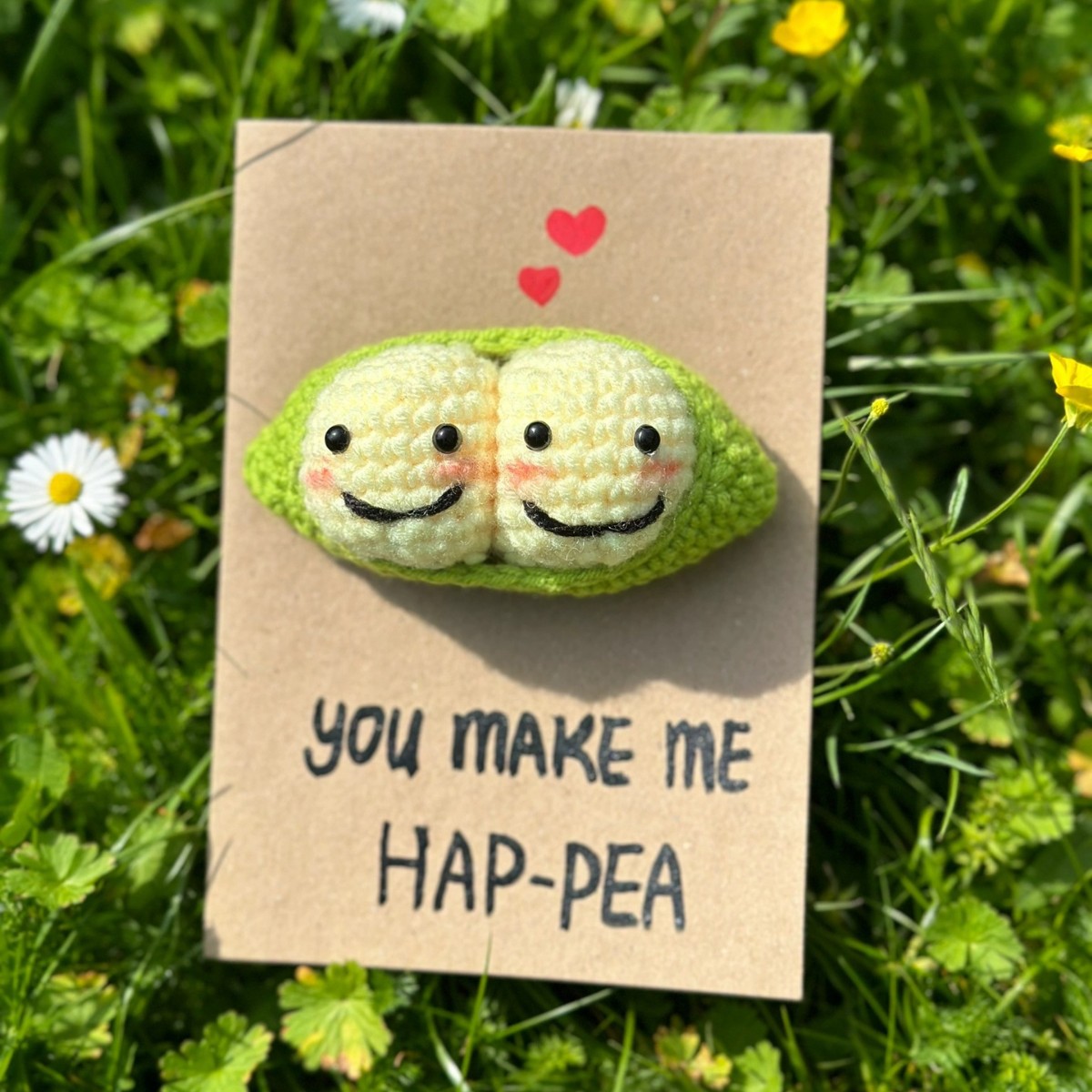 You Make Me Hap-Pea Handmade Crochet Greeting Card 3D Knitted Card - MiniMePillowAU