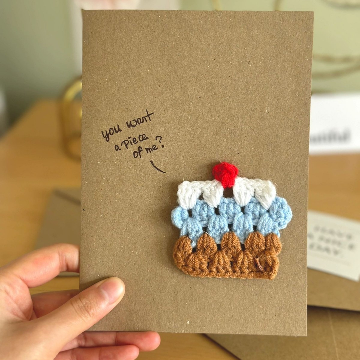 You want a piece of me Handmade Crochet Greeting Card 3D Knitted Card - MiniMePillowAU