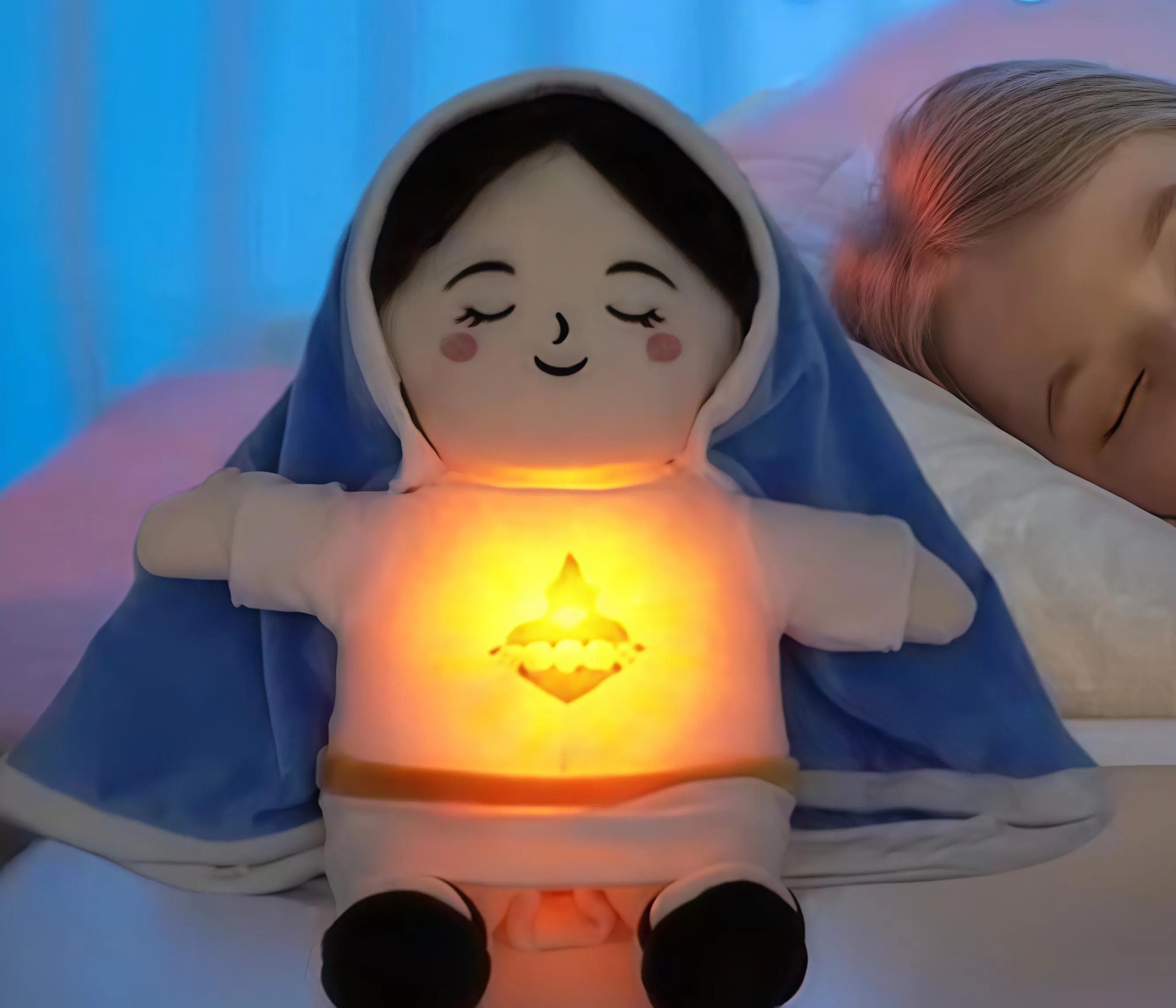 Breathing Plush Virgin Mary Doll 15" Soothing Guardian Angel with Light & Sound, Baptism Plushie Toy Gifts for Kids for Christening Religious Easter - MiniMePillowAU