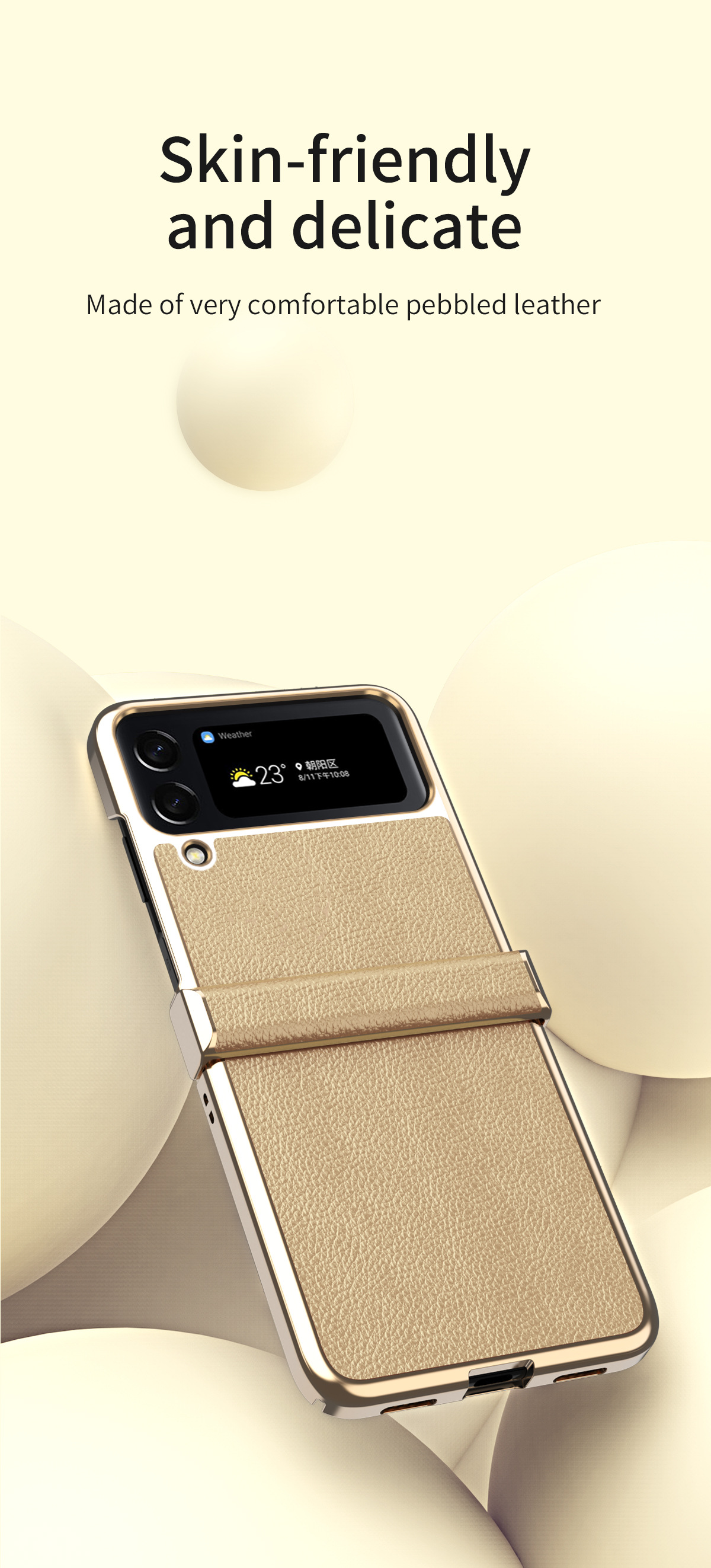 เหมาะสำหรับ Samsung Z Flip5/4/3 ลายลิ้นจี่หนังฝาครอบโทรศัพท์บานพับชุบด้วยไฟฟ้า