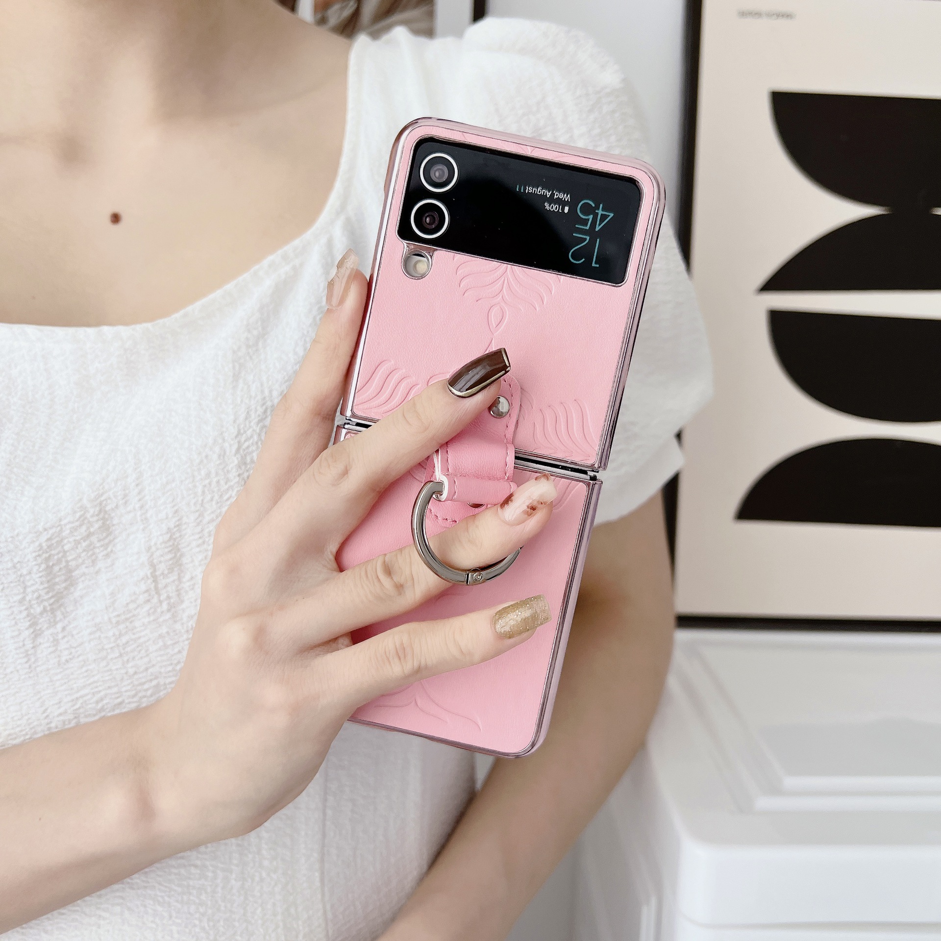 เหมาะสำหรับซัมซุง Z FLIP5/4/3 ชุบลายนิ้วมือแหวนหัวเข็มขัดโทรศัพท์