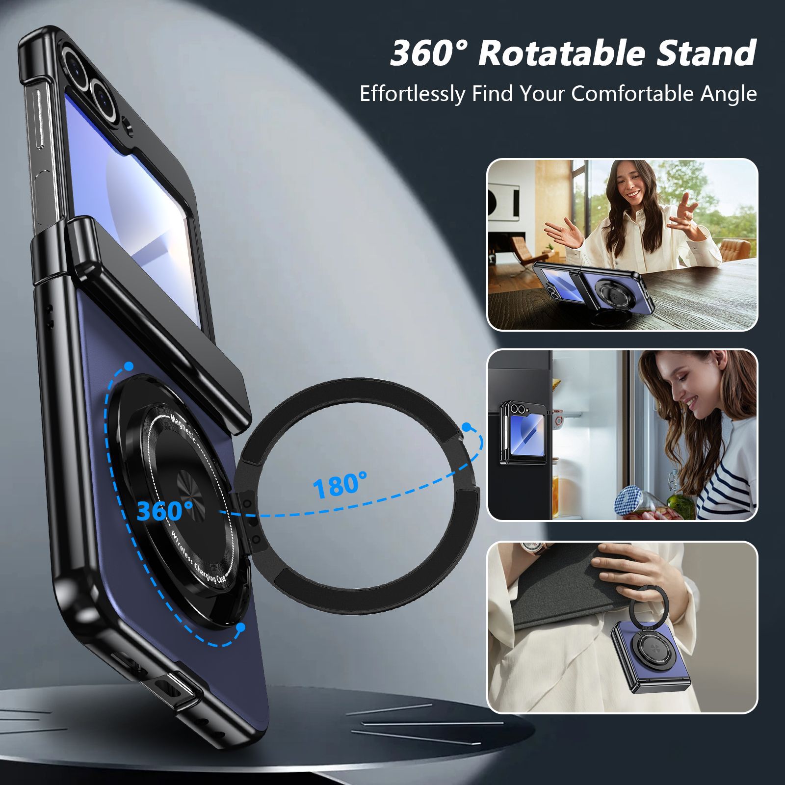 適用於三星Z Flip6/5/4/3磁吸360度無線充支架全包保護殼