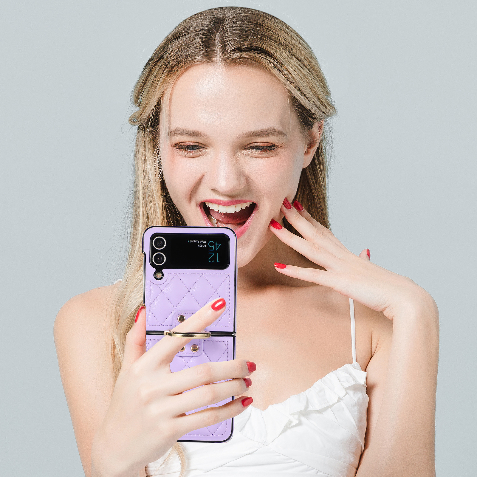 สำหรับ Samsung Z Flip5/4/3 เพชรหนังกับรูปแบบกรณีโทรศัพท์แหวน