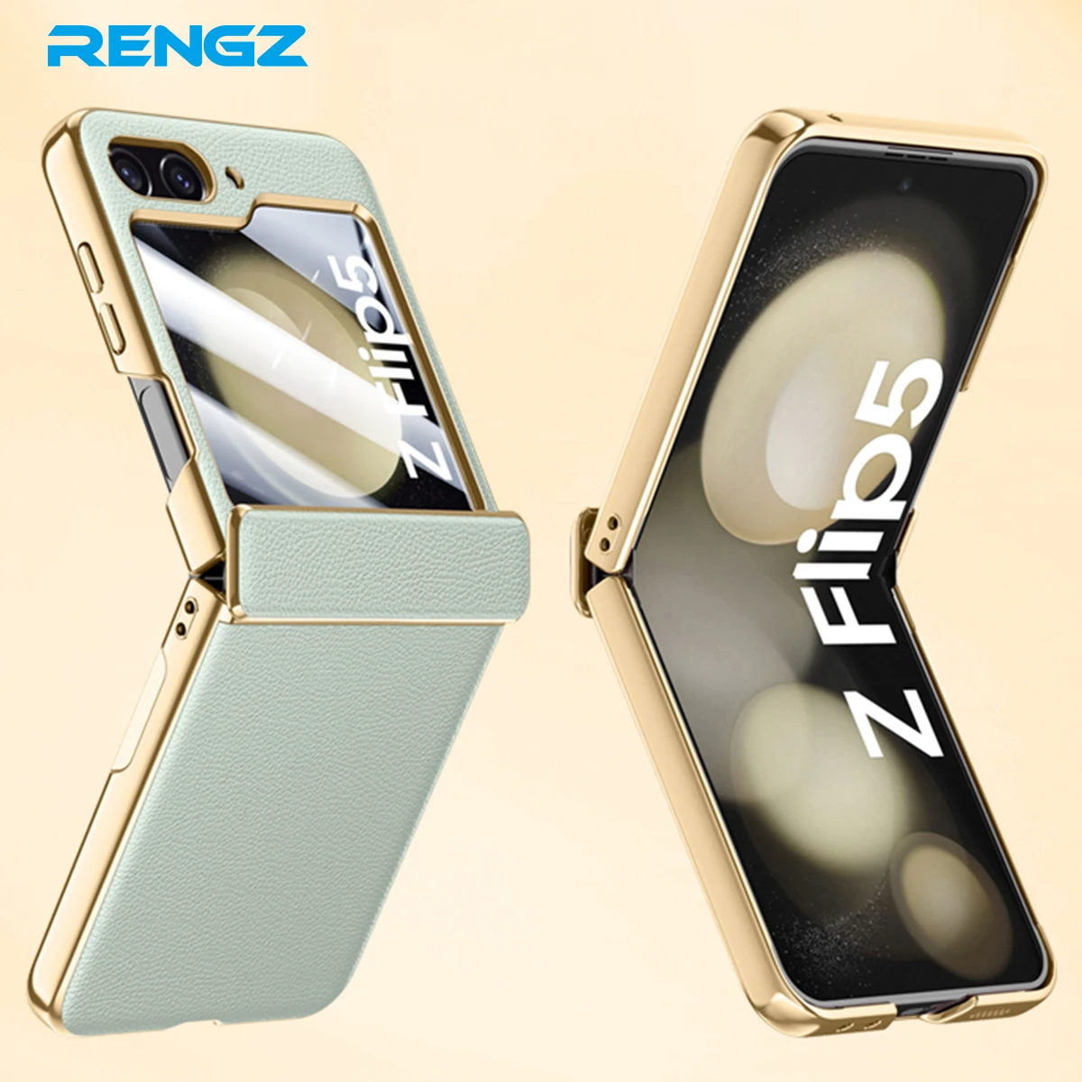 เหมาะสำหรับ Samsung Z Flip5 ใหม่เคสป้องกันบานพับหนังธรรมดาเคลือบด้วยไฟฟ้า