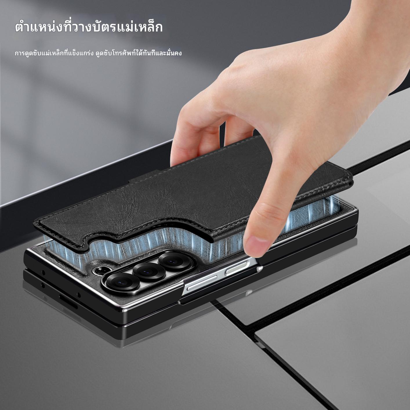 เหมาะสำหรับ Samsung Z Fold6/5 ที่ใส่การ์ดแยกแม่เหล็กแบบใหม่พร้อมเคสหนังติดฟิล์มด้านหน้า