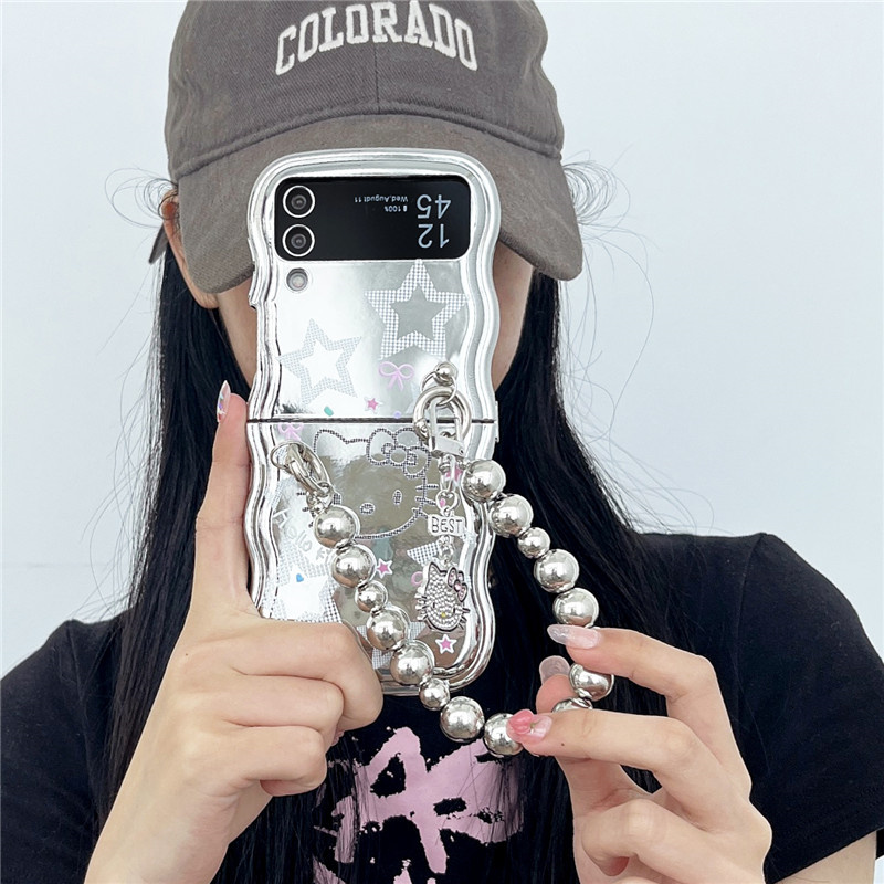 สำหรับ Samsung Galaxy Z Flip5/4/3 ชุบสีเงินคิตตี้แมวโทรศัพท์กรณีป้องกัน