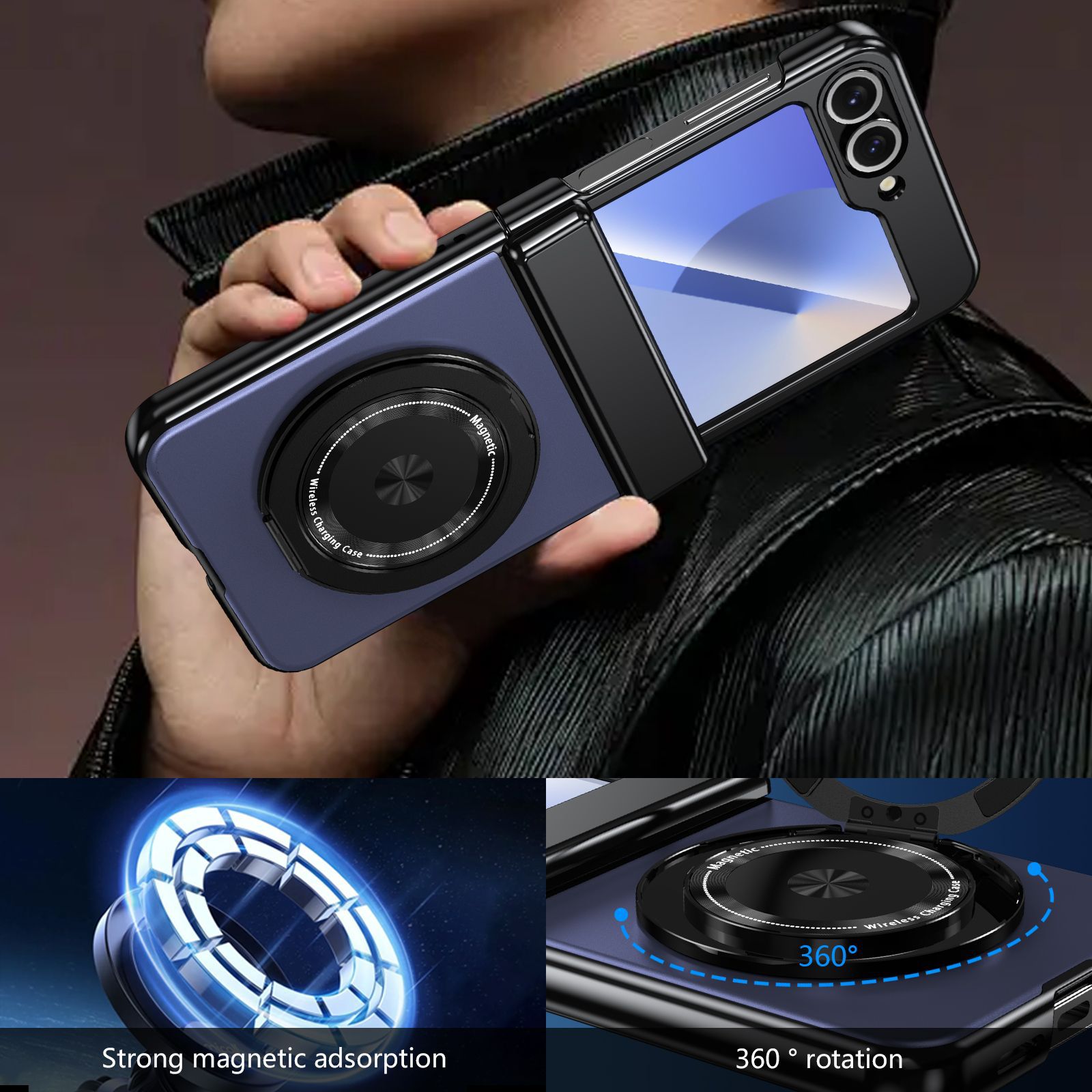 適用於三星Z Flip6/5/4/3磁吸360度無線充支架全包保護殼