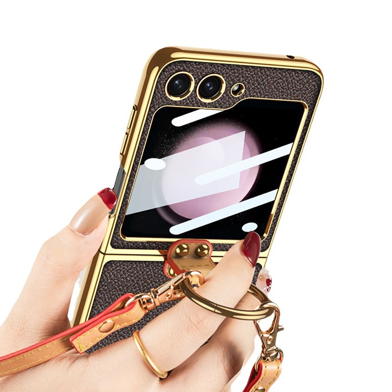 หนังหุ้มหลังหน้าจอแบบหรูหราพร้อมกระจกกระด้างแข็งแรงและโครงส่วนแข็งสำหรับ Samsung Z Flip5/4/3 5G พร้อมเชือกคล้องคอ