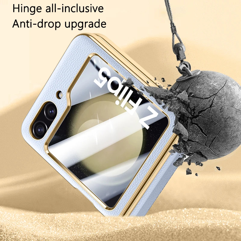 เหมาะสำหรับ Samsung Z Flip5 ใหม่เคสป้องกันบานพับหนังธรรมดาเคลือบด้วยไฟฟ้า