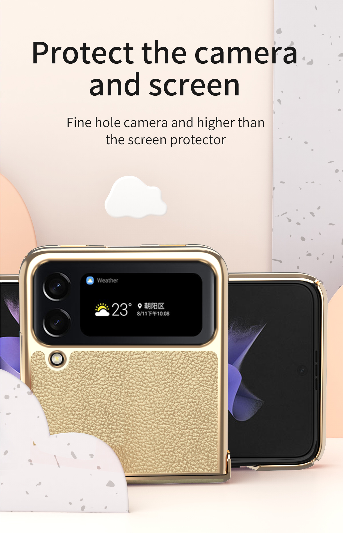 เหมาะสำหรับ Samsung Z Flip5/4/3 ลายลิ้นจี่หนังฝาครอบโทรศัพท์บานพับชุบด้วยไฟฟ้า