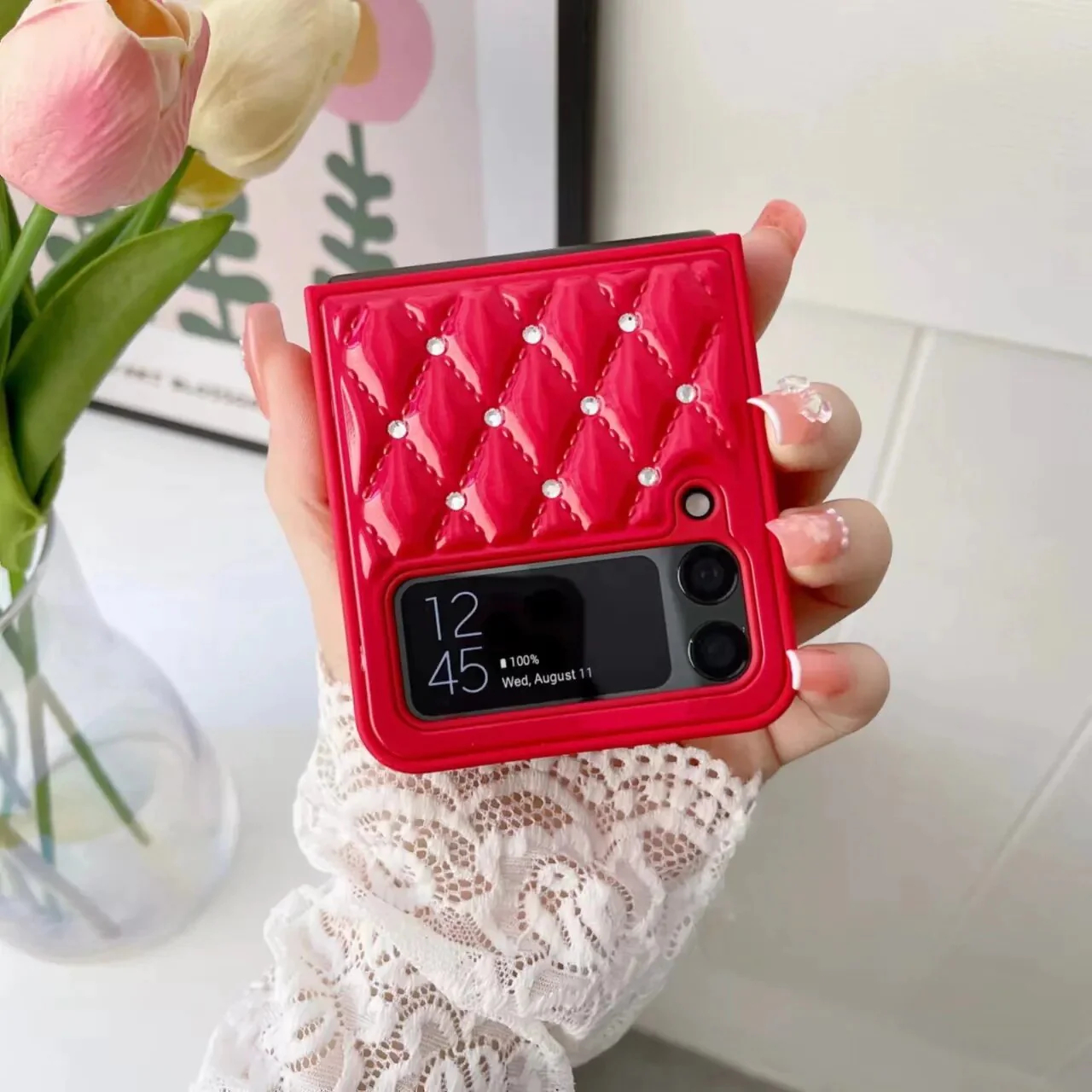 สำหรับ Samsung Z Flip5/4/3 กรณีโทรศัพท์มือถือเพชรสีทึบ