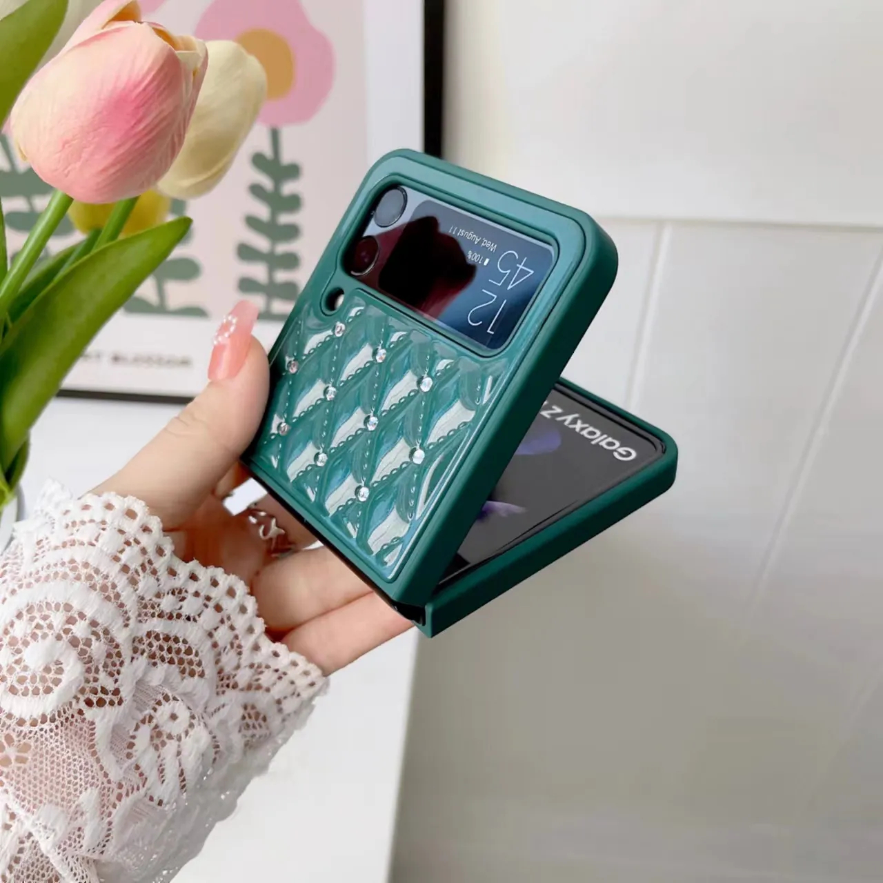 สำหรับ Samsung Z Flip5/4/3 กรณีโทรศัพท์มือถือเพชรสีทึบ