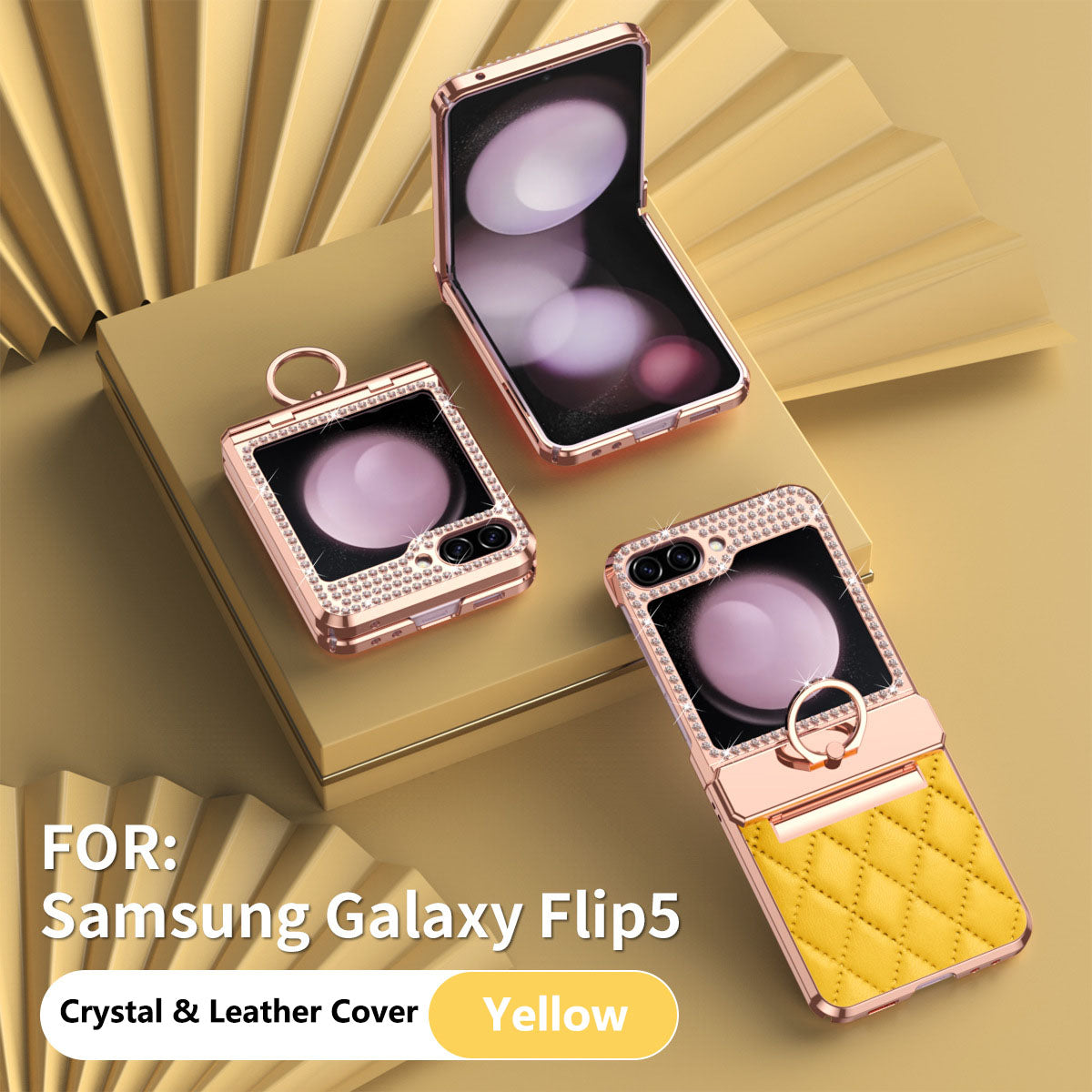 For Samsung Z Flip 5/4/3 Lyxury Crystal Leather Ring Holder Protective Phone Case