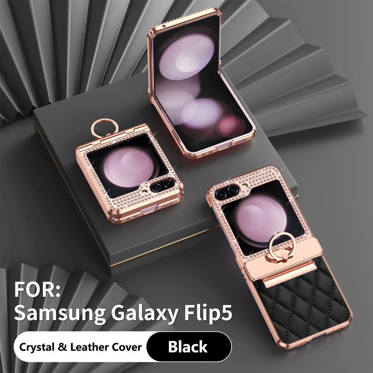 For Samsung Z Flip 5/4/3 Lyxury Crystal Leather Ring Holder Protective Phone Case