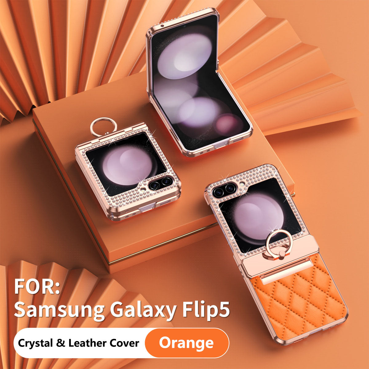 For Samsung Z Flip 5/4/3 Lyxury Crystal Leather Ring Holder Protective Phone Case