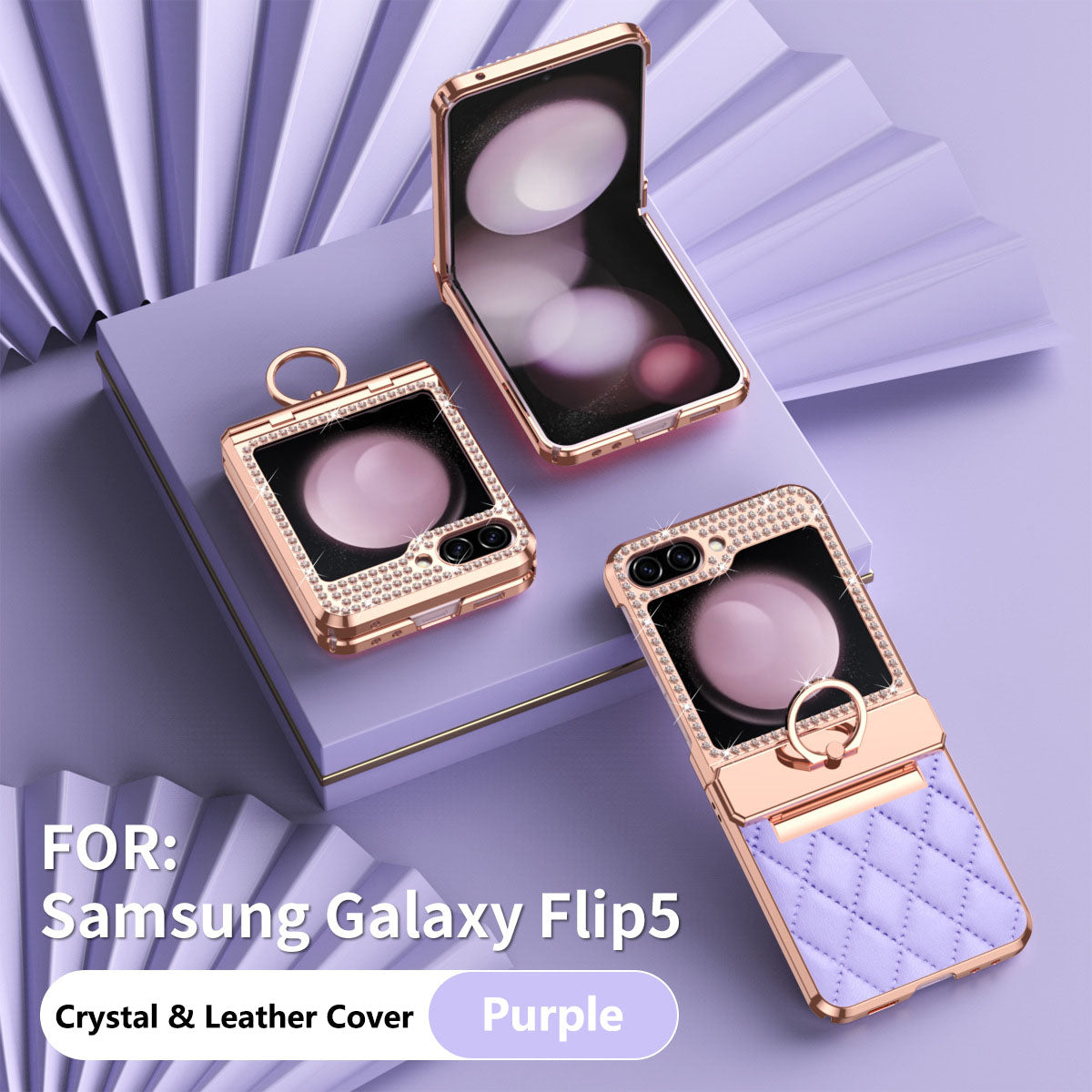 For Samsung Z Flip 5/4/3 Lyxury Crystal Leather Ring Holder Protective Phone Case