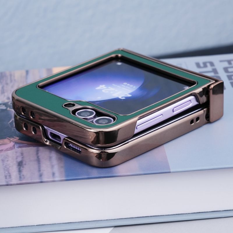 適用於三星Z Flip6/5/4/3新款一字支架電鍍素皮鉸鏈保護殼