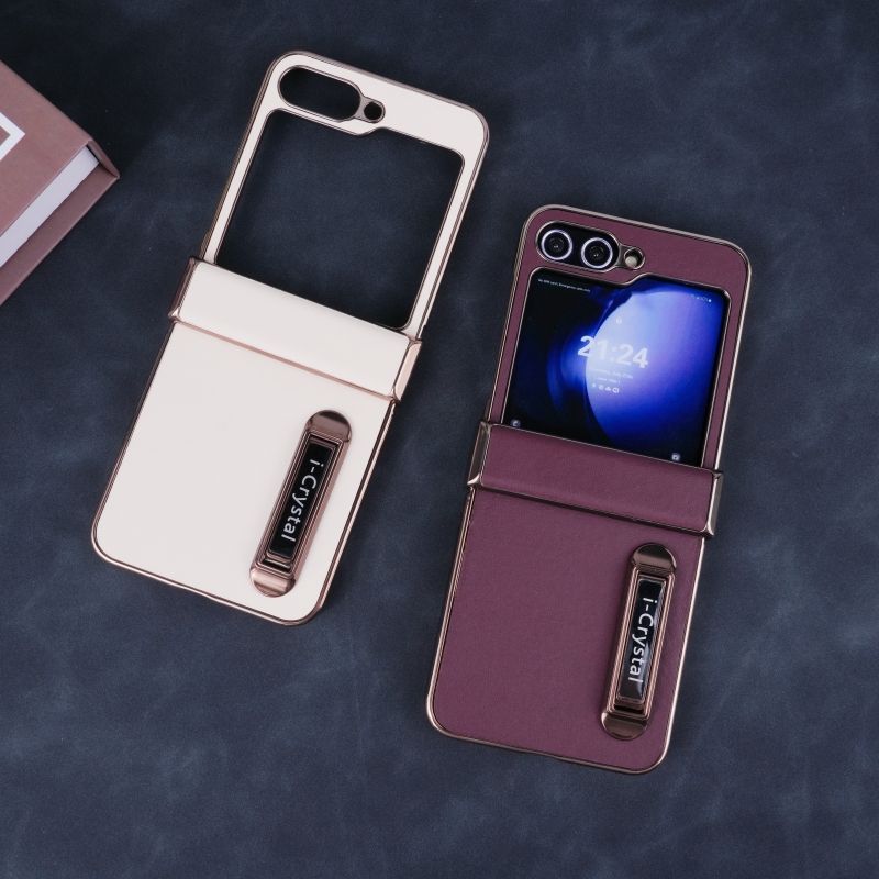 適用於三星Z Flip6/5/4/3新款一字支架電鍍素皮鉸鏈保護殼