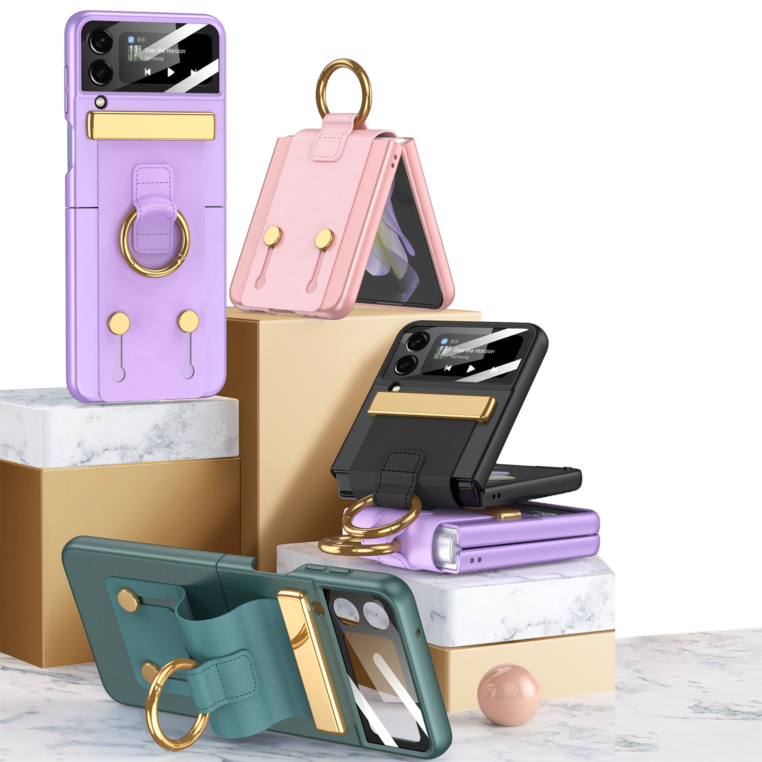 เหมาะสำหรับ Samsung Z Flip5/4/3 เคสโทรศัพท์แบบมีสายรัดในตัวพร้อมแหวนและสายรัดข้อมือแบบยืดหดได้
