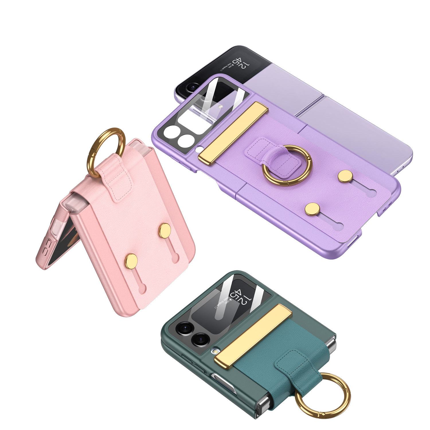 เหมาะสำหรับ Samsung Z Flip5/4/3 เคสโทรศัพท์แบบมีสายรัดในตัวพร้อมแหวนและสายรัดข้อมือแบบยืดหดได้