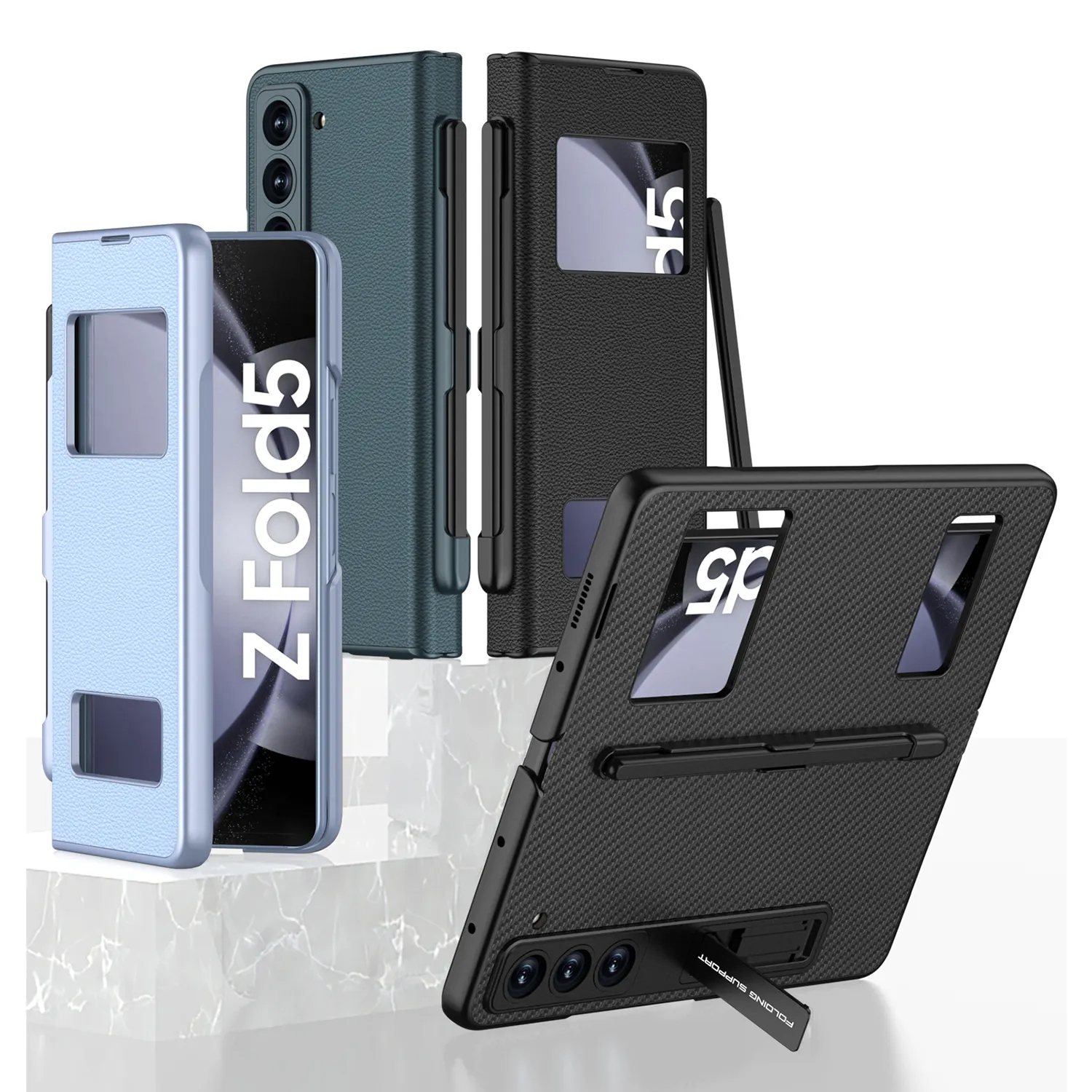 เหมาะสำหรับ Samsung Z Fold5 กรณีโทรศัพท์ฟรีพลิกกลับตอบรับหนังพับได้ปากกาเปิดหน้าต่างคู่ช่องป้องกันกรณี