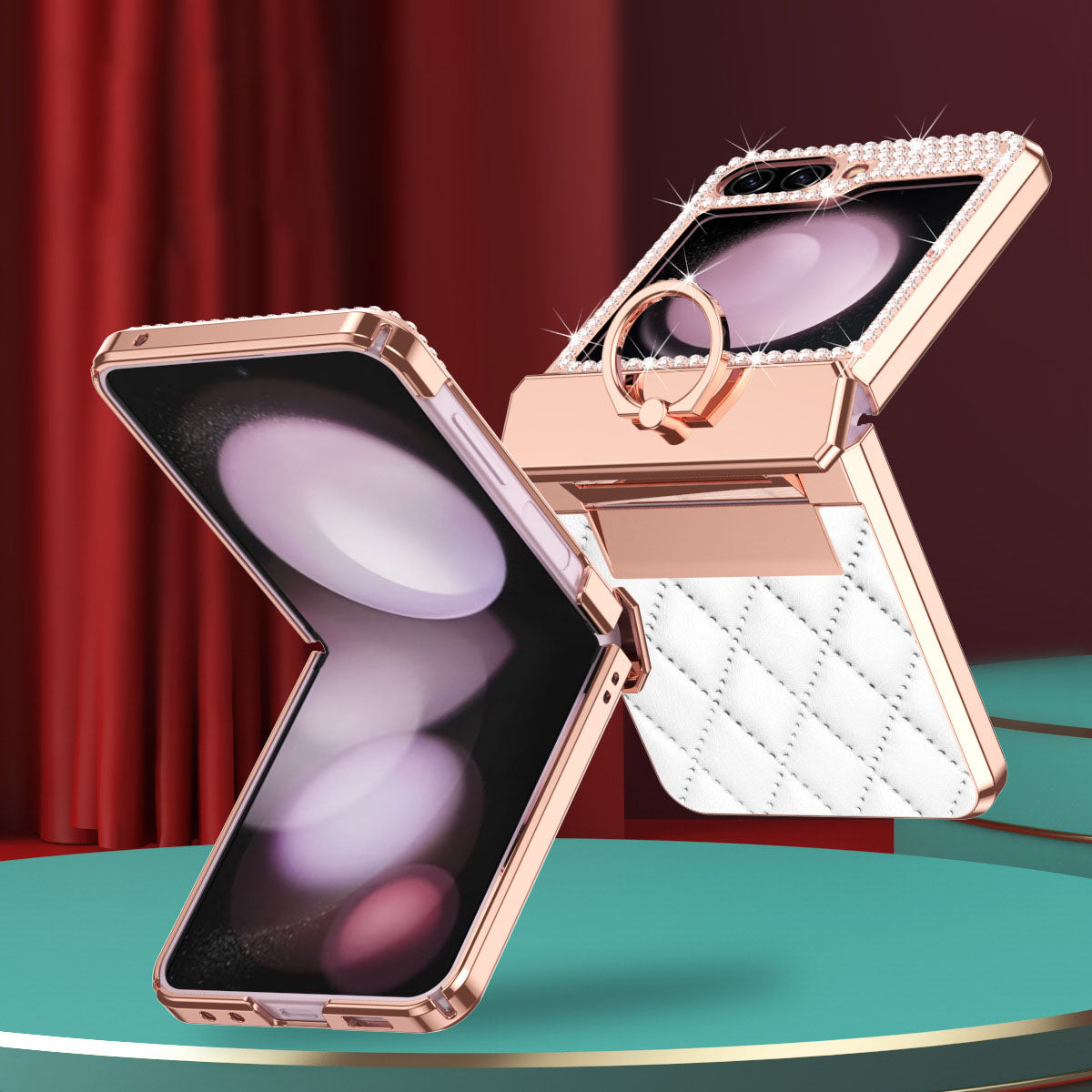 For Samsung Z Flip 5/4/3 Lyxury Crystal Leather Ring Holder Protective Phone Case