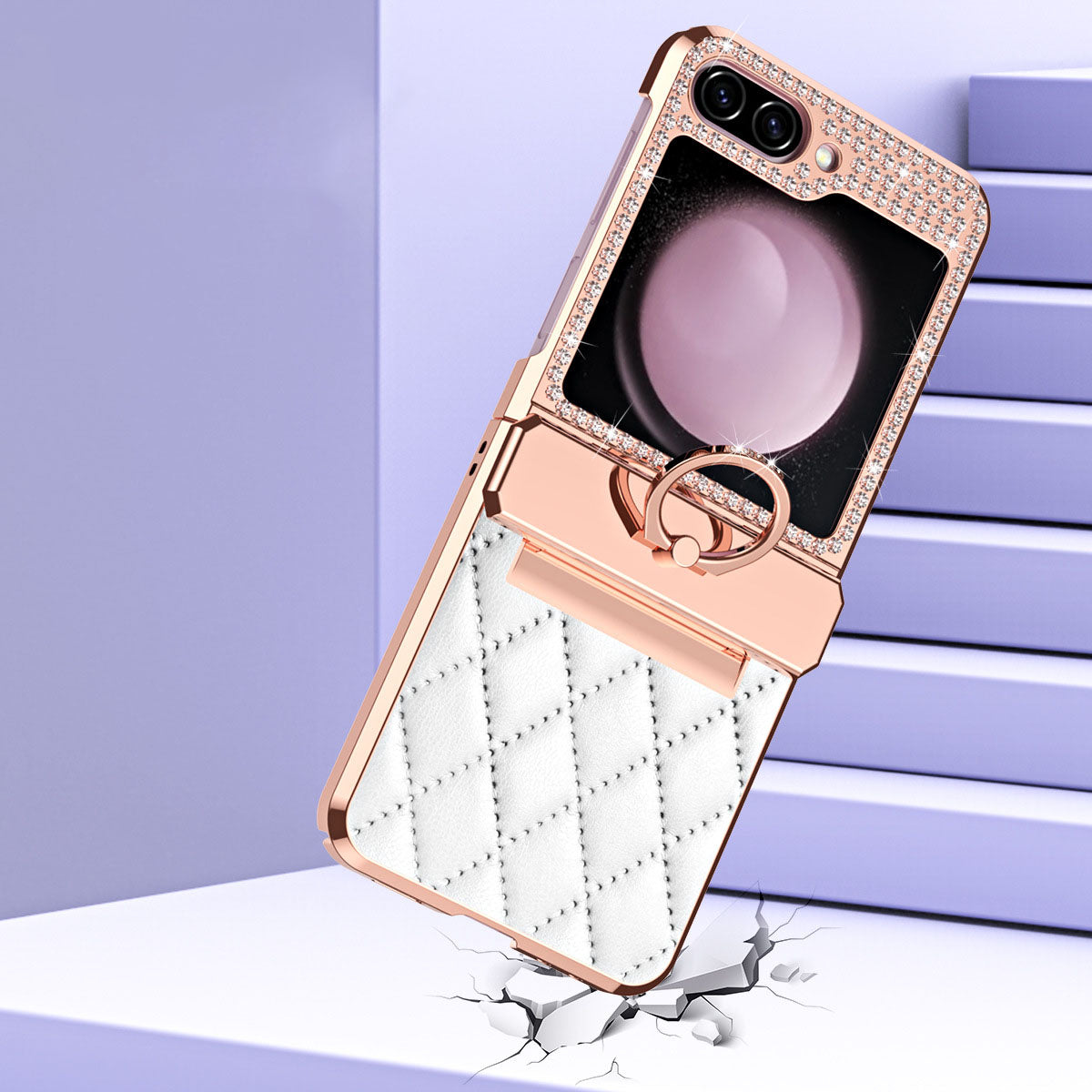 For Samsung Z Flip 5/4/3 Lyxury Crystal Leather Ring Holder Protective Phone Case