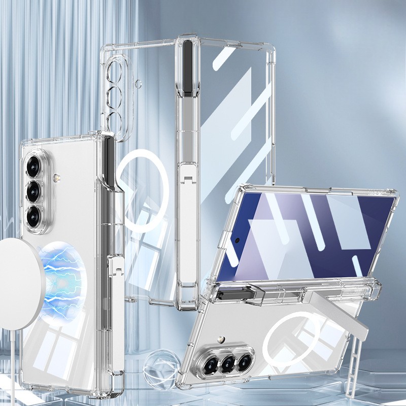 เหมาะสำหรับ Samsung Galaxy Z Fold7/6/5/4 เคสป้องกันการชาร์จไร้สายแบบโปร่งใสพร้อมขาตั้ง
