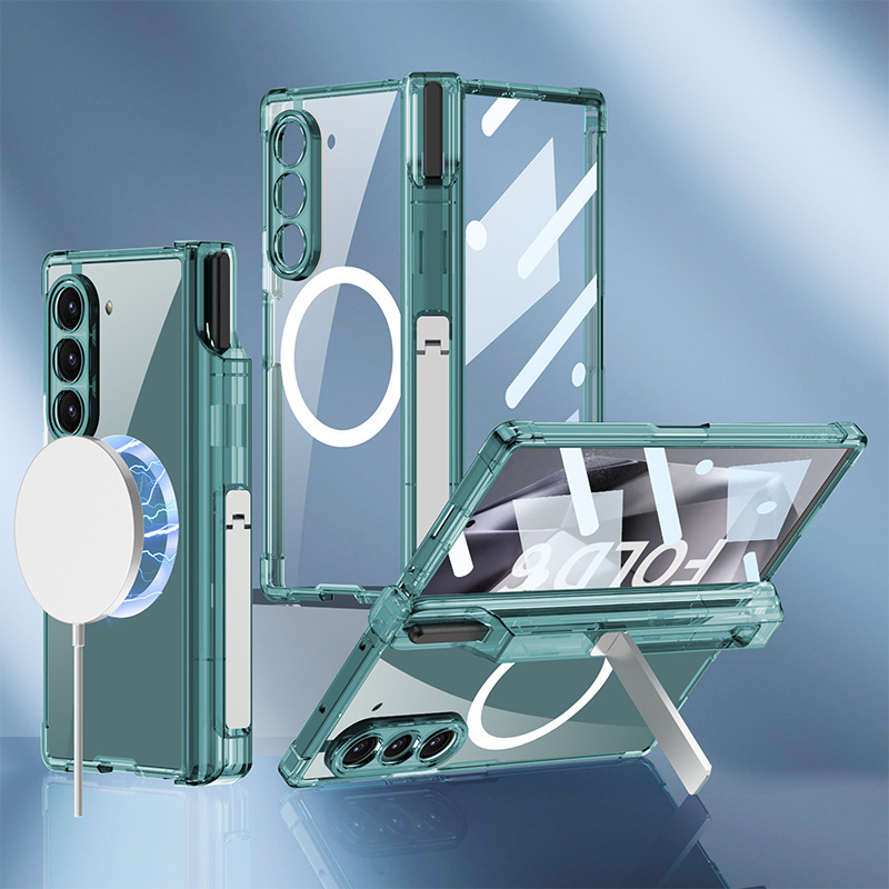 เหมาะสำหรับ Samsung Galaxy Z Fold6/5/4/3 เคสป้องกันการชาร์จไร้สายแบบโปร่งใสพร้อมขาตั้ง
