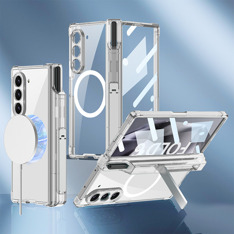 เหมาะสำหรับ Samsung Galaxy Z Fold6/5/4/3 เคสป้องกันการชาร์จไร้สายแบบโปร่งใสพร้อมขาตั้ง