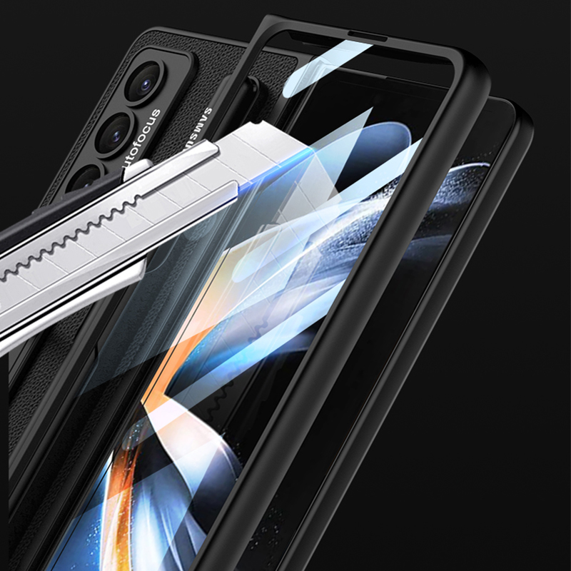 เหมาะสำหรับ Samsung Z Fold5/4/3 หนังหรูหราช่องใส่ปากกาด้านนอกกระจกนิรภัยเคสโทรศัพท์