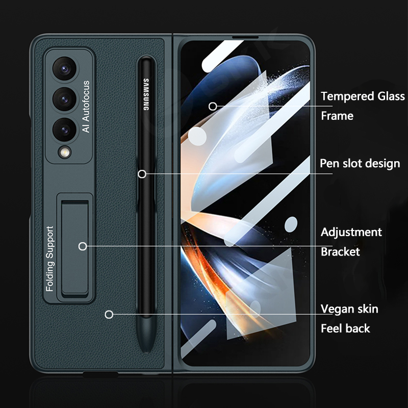 เหมาะสำหรับ Samsung Z Fold5/4/3 หนังหรูหราช่องใส่ปากกาด้านนอกกระจกนิรภัยเคสโทรศัพท์