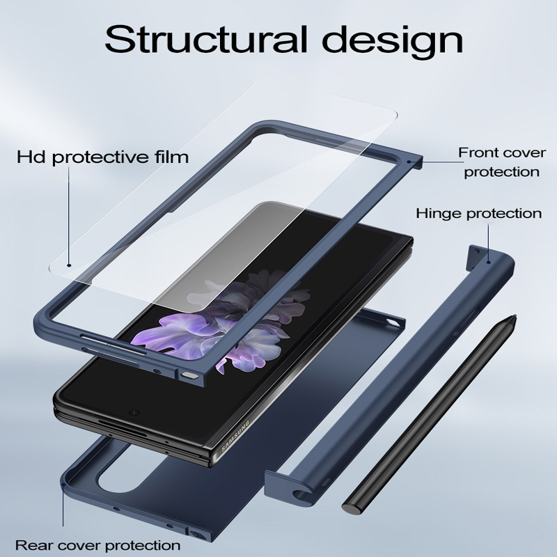 เหมาะสำหรับ Samsung Z Fold5/4/3 สีทึบฟิล์มป้องกันแบบเต็มรูปแบบพับเคสโทรศัพท์พร้อมที่วางปากกา