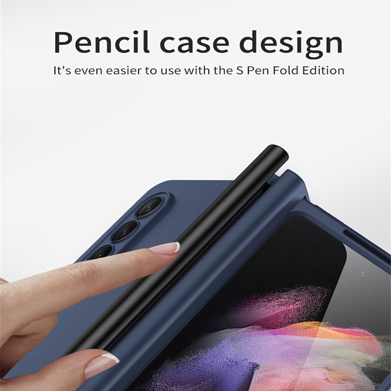 เหมาะสำหรับ Samsung Z Fold5/4/3 สีทึบฟิล์มป้องกันแบบเต็มรูปแบบพับเคสโทรศัพท์พร้อมที่วางปากกา