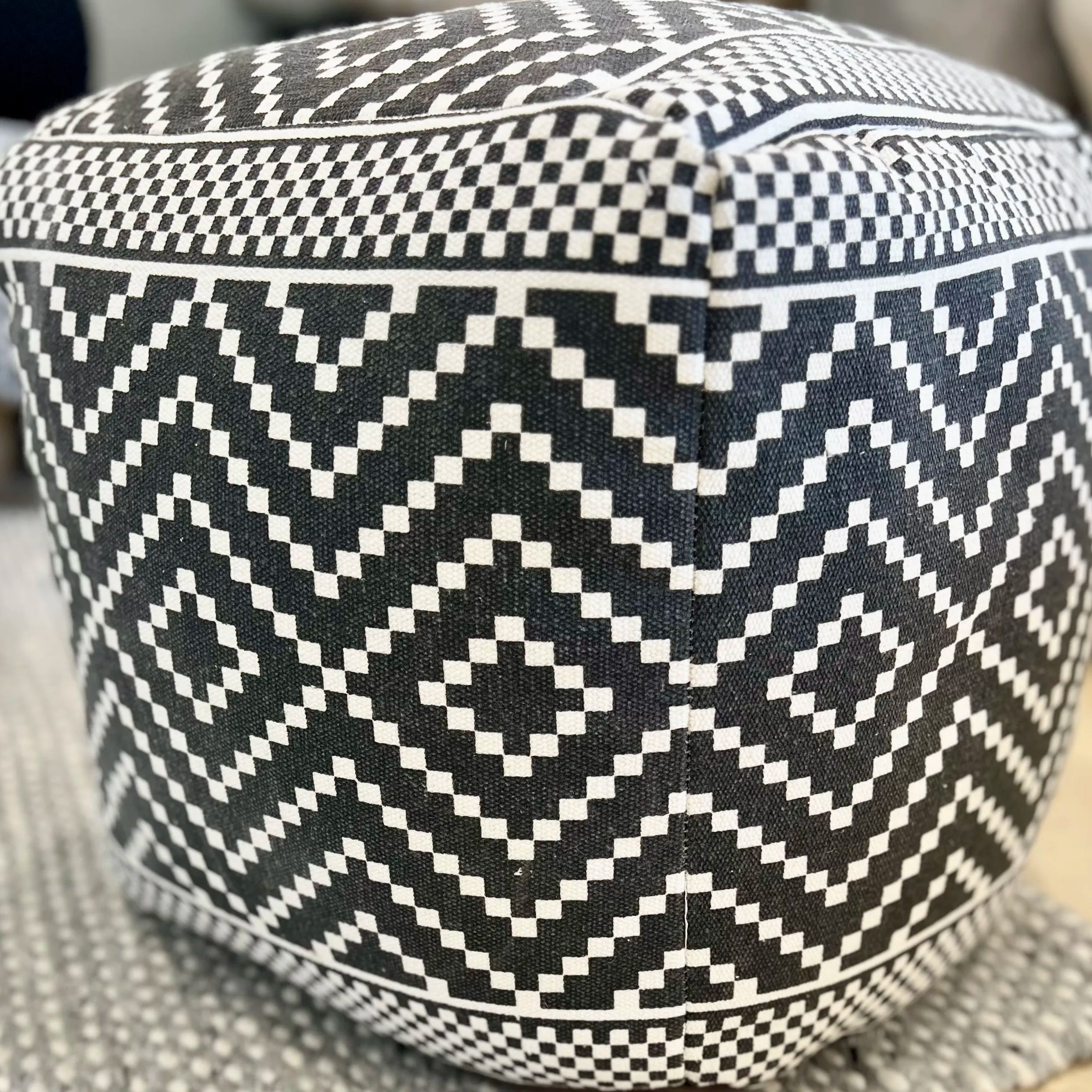 Vintage Geometric Pouf Cotton Printed Footstool Ottoman Pouffe Cover